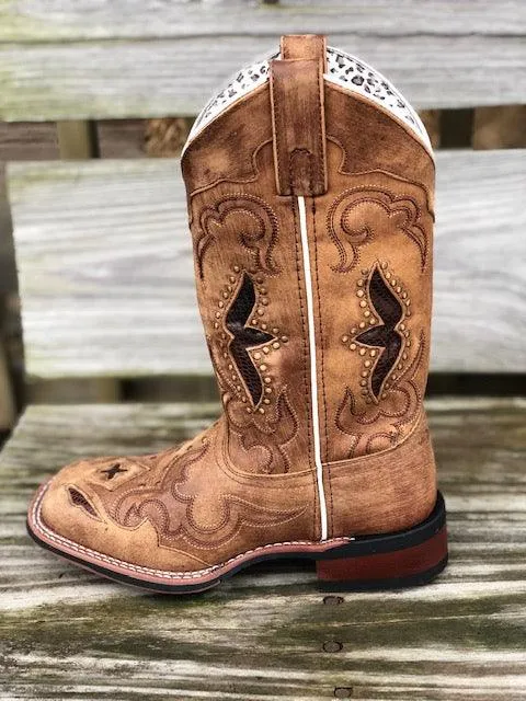 Transitional Look Insulated Comfort Laredo Women's Tan Leather Spellbound Snake Print Underlay Square Toe Cowgirl Boots 5661