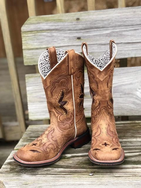 Laredo Women's Tan Leather Spellbound Snake Print Underlay Square Toe Cowgirl Boots 5661 Timeless Design Smooth Soles