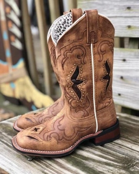 Laredo Women's Tan Leather Spellbound Snake Print Underlay Square Toe Cowgirl Boots 5661 Synthetic outdoor chill