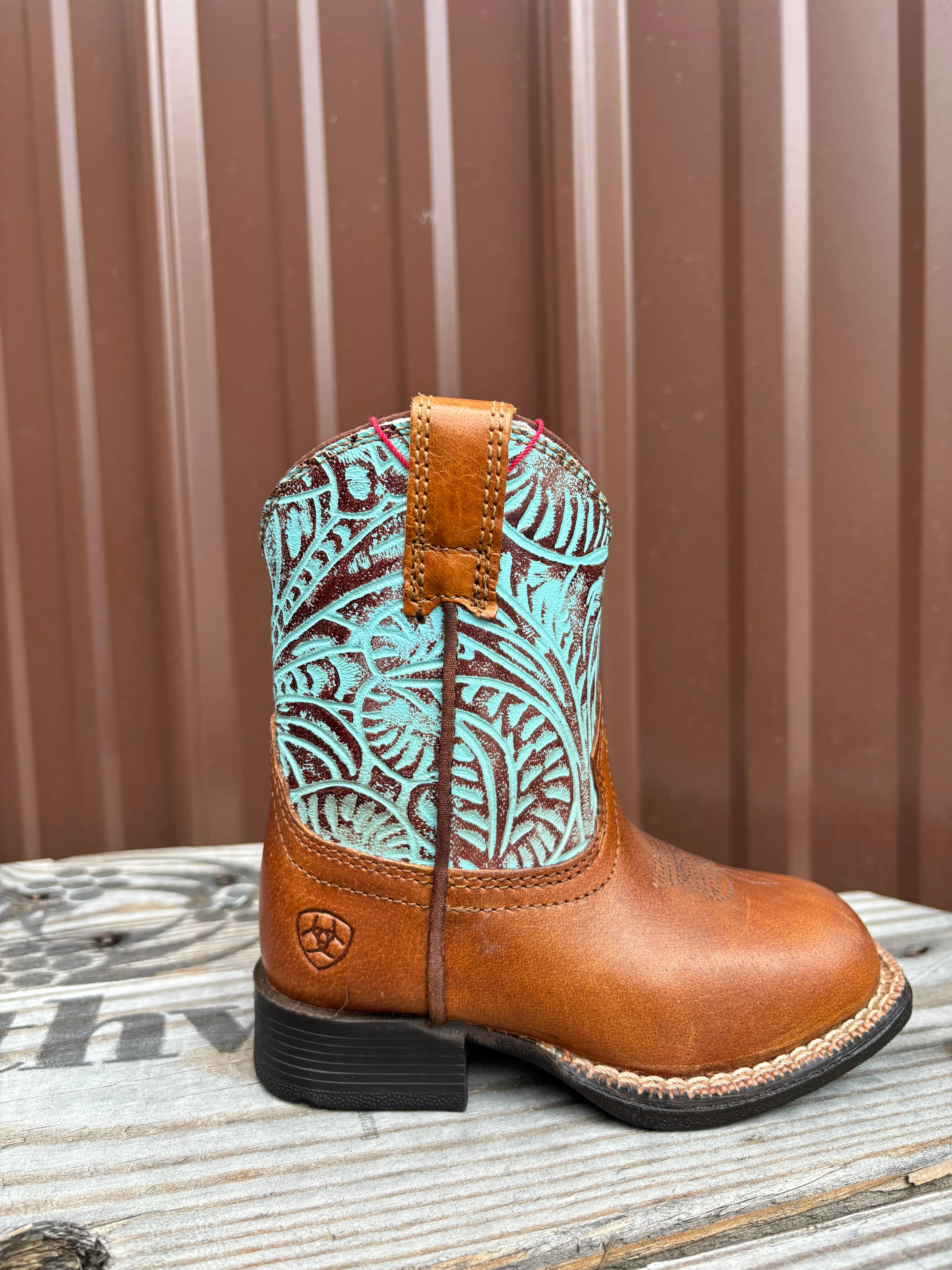 Flexible Movement Ariat Lil' Stomper Toddler Roundup Brown Turquoise Embossed Print Western Cowboy Boot A441003502