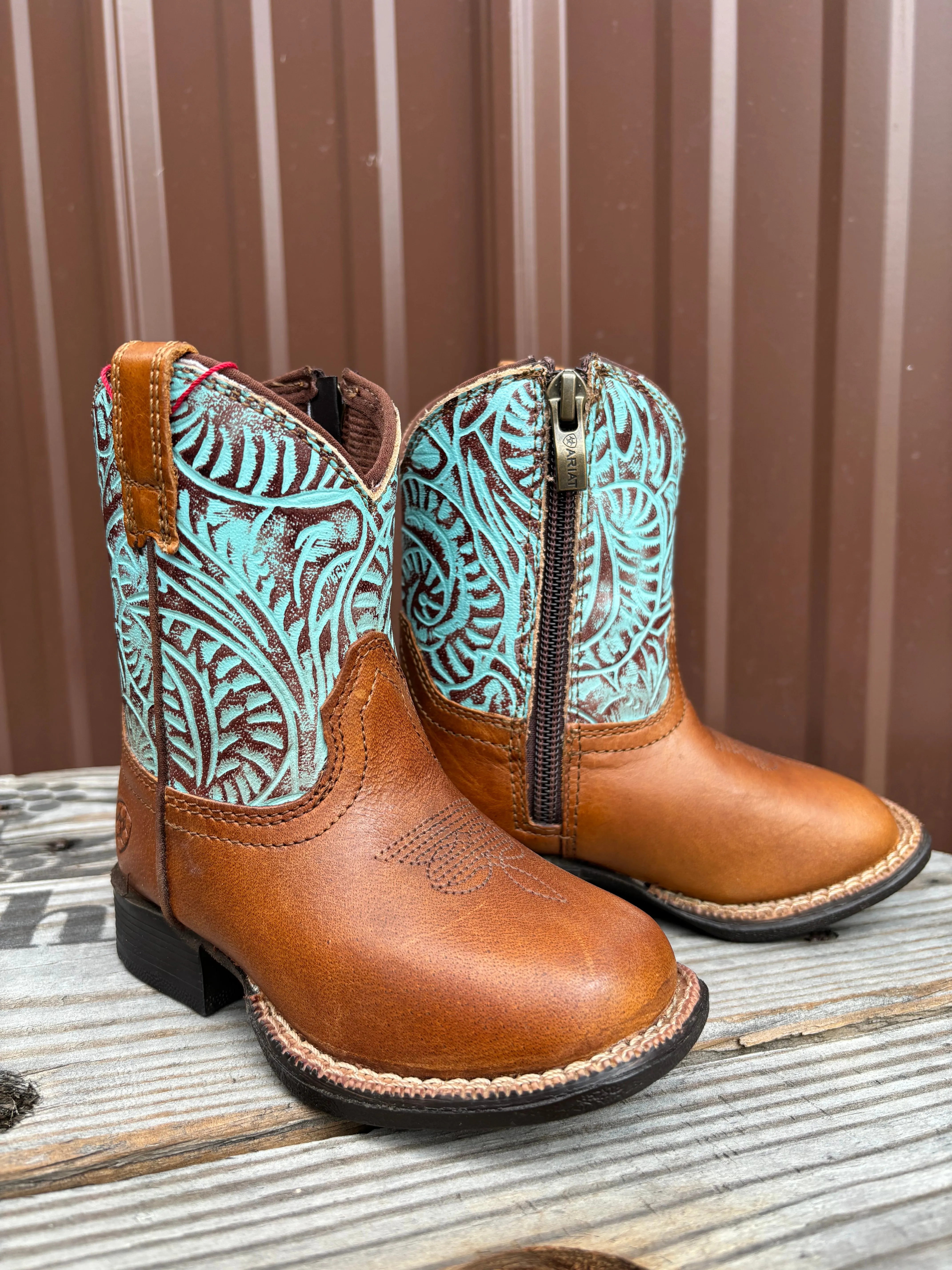Ariat Lil' Stomper Toddler Roundup Brown Turquoise Embossed Print Western Cowboy Boot A441003502 Shock Absorber Subtle design