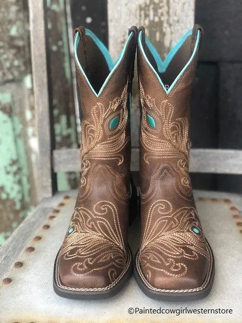 Anti blister Training Ground Ariat Women's Bright Eye II Brown Peacock Feather Square Toe Cowgirl Boots 10033983