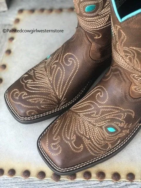 Ariat Women's Bright Eye II Brown Peacock Feather Square Toe Cowgirl Boots 10033983 Zip Up Style