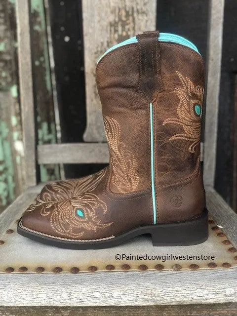 Ariat Women's Bright Eye II Brown Peacock Feather Square Toe Cowgirl Boots 10033983 Crisp Look
