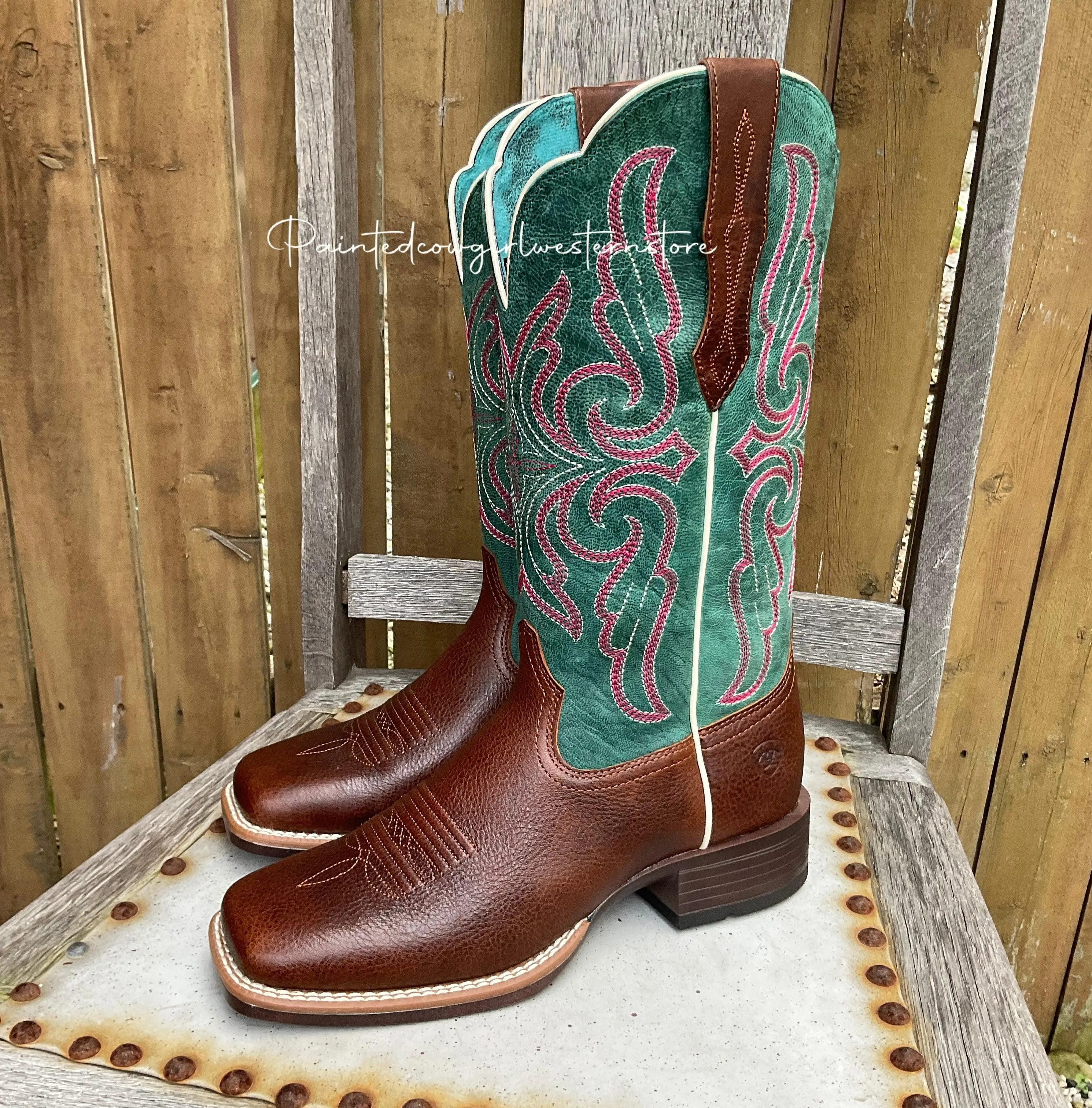 Ariat Women's Primera StretchFit Brown & Teal Square Toe Cowgirl Boots 10038303 Functional Appeal Modern Comfort