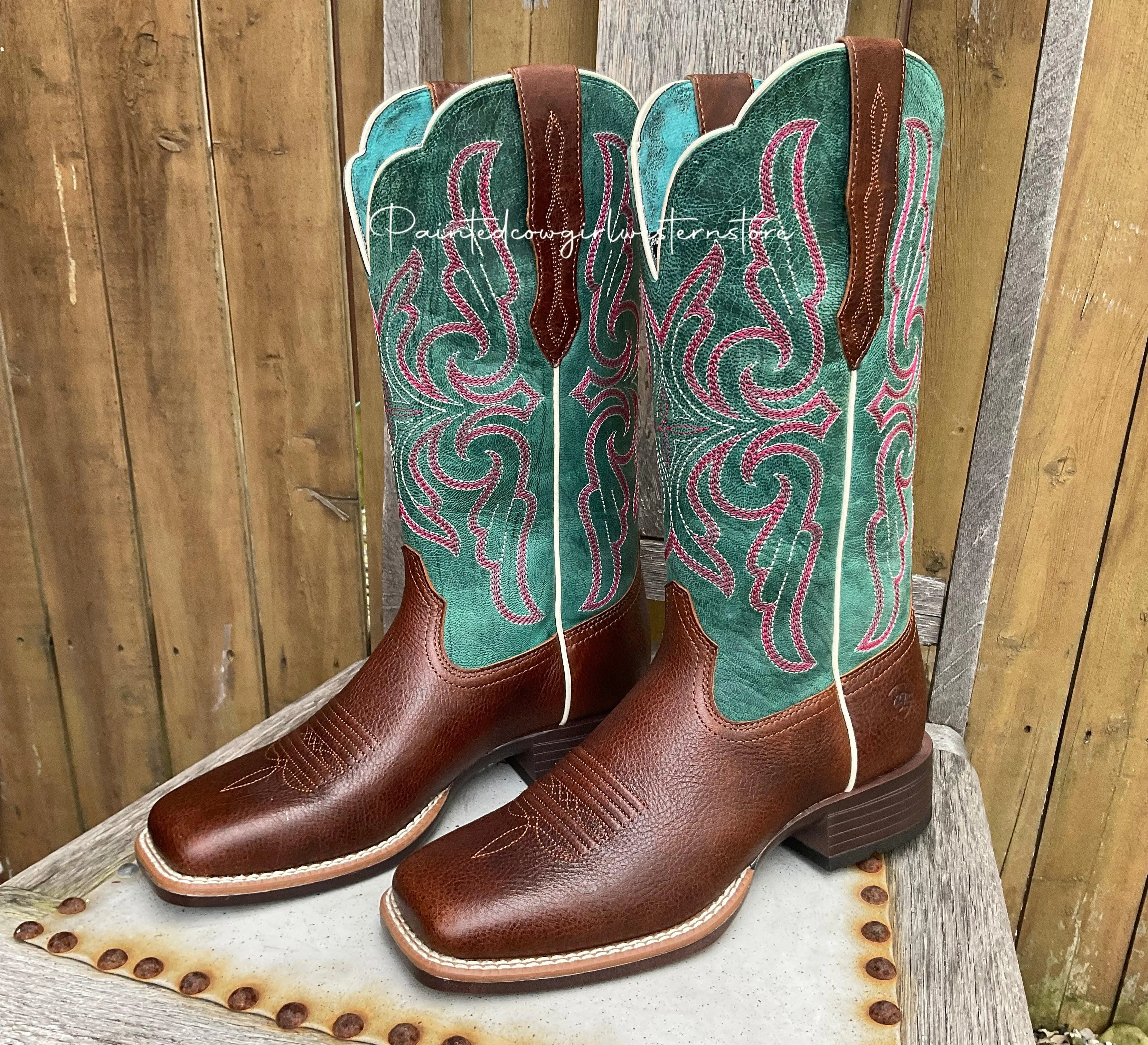 Ariat Women's Primera StretchFit Brown & Teal Square Toe Cowgirl Boots 10038303 Urban Adventure