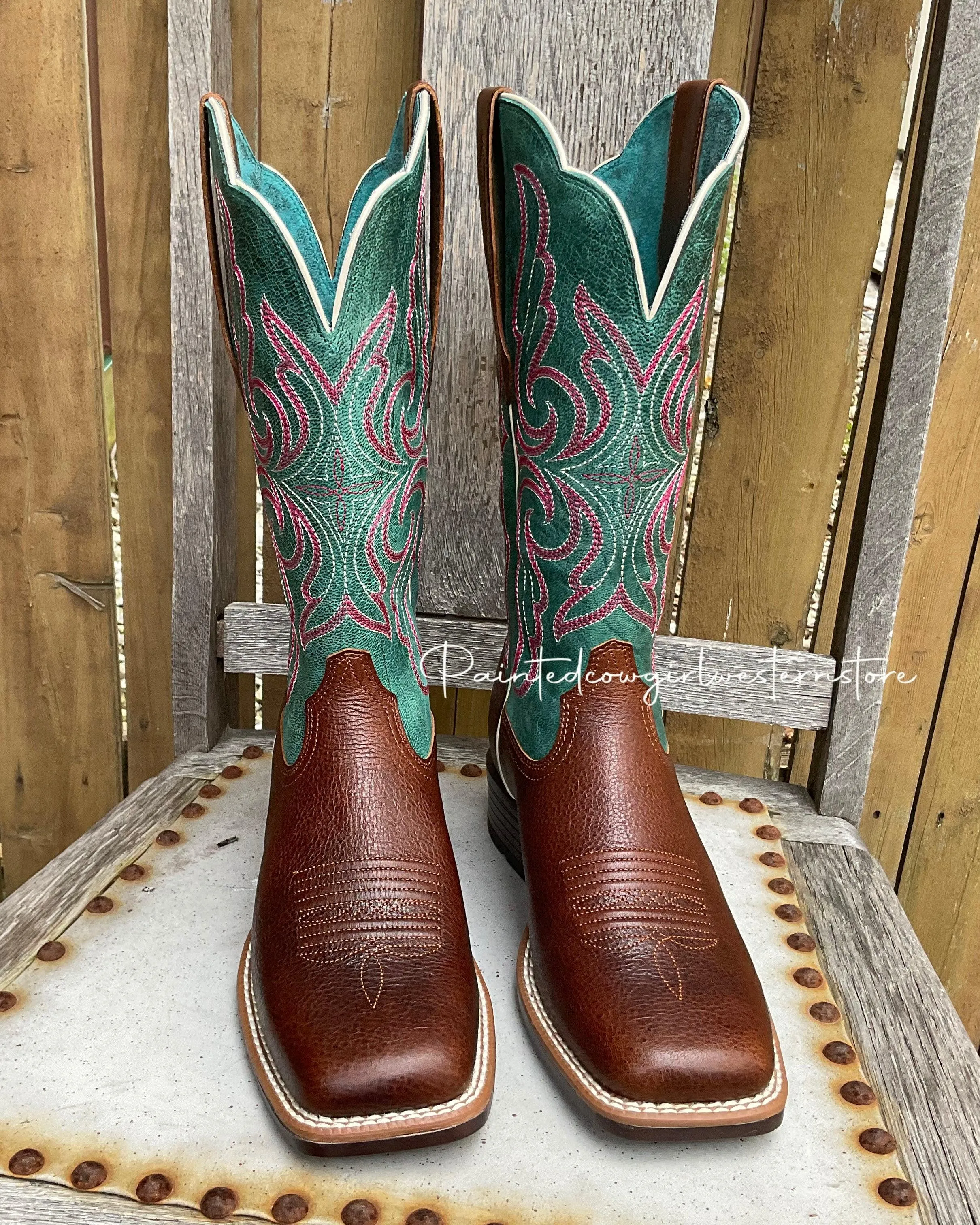 Ariat Women's Primera StretchFit Brown & Teal Square Toe Cowgirl Boots 10038303 Lace Closure Running Comfort