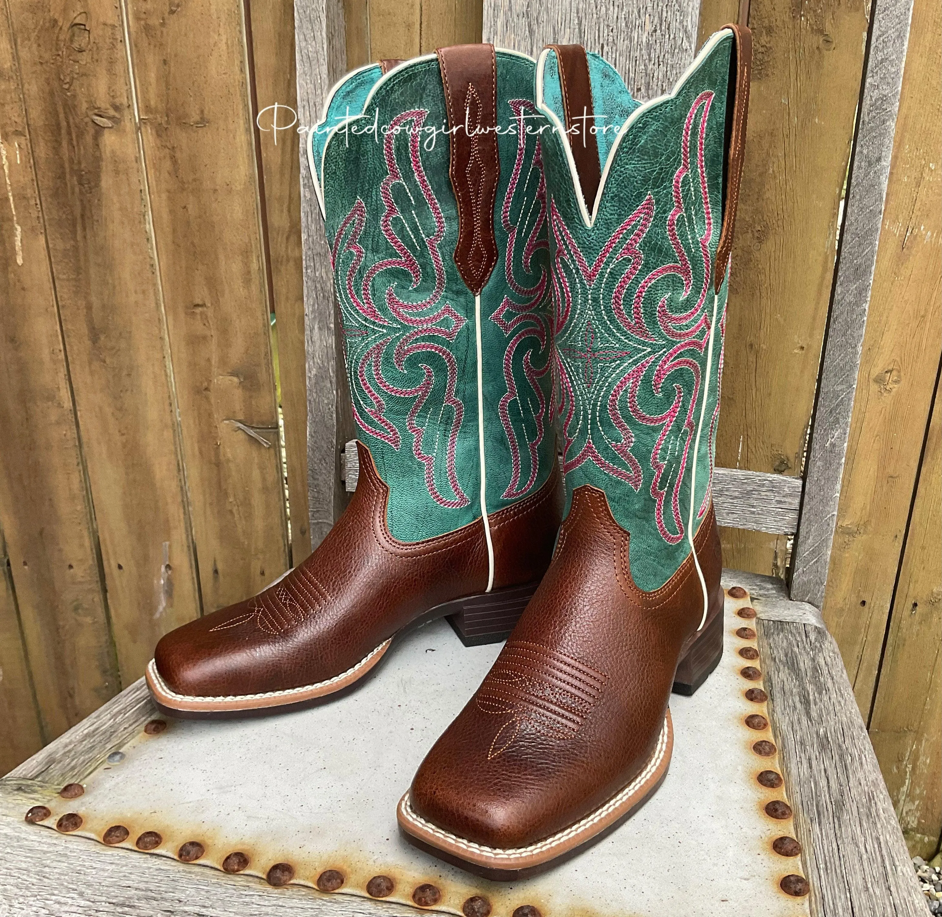Snow Season Ariat Women's Primera StretchFit Brown & Teal Square Toe Cowgirl Boots 10038303