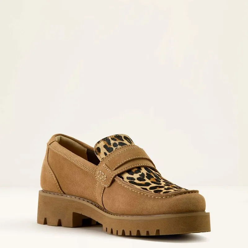 Ariat Women's Stratford Tan Leopard Print Hair-On Lug Loafer Casual Shoe 10063941 Built Soft