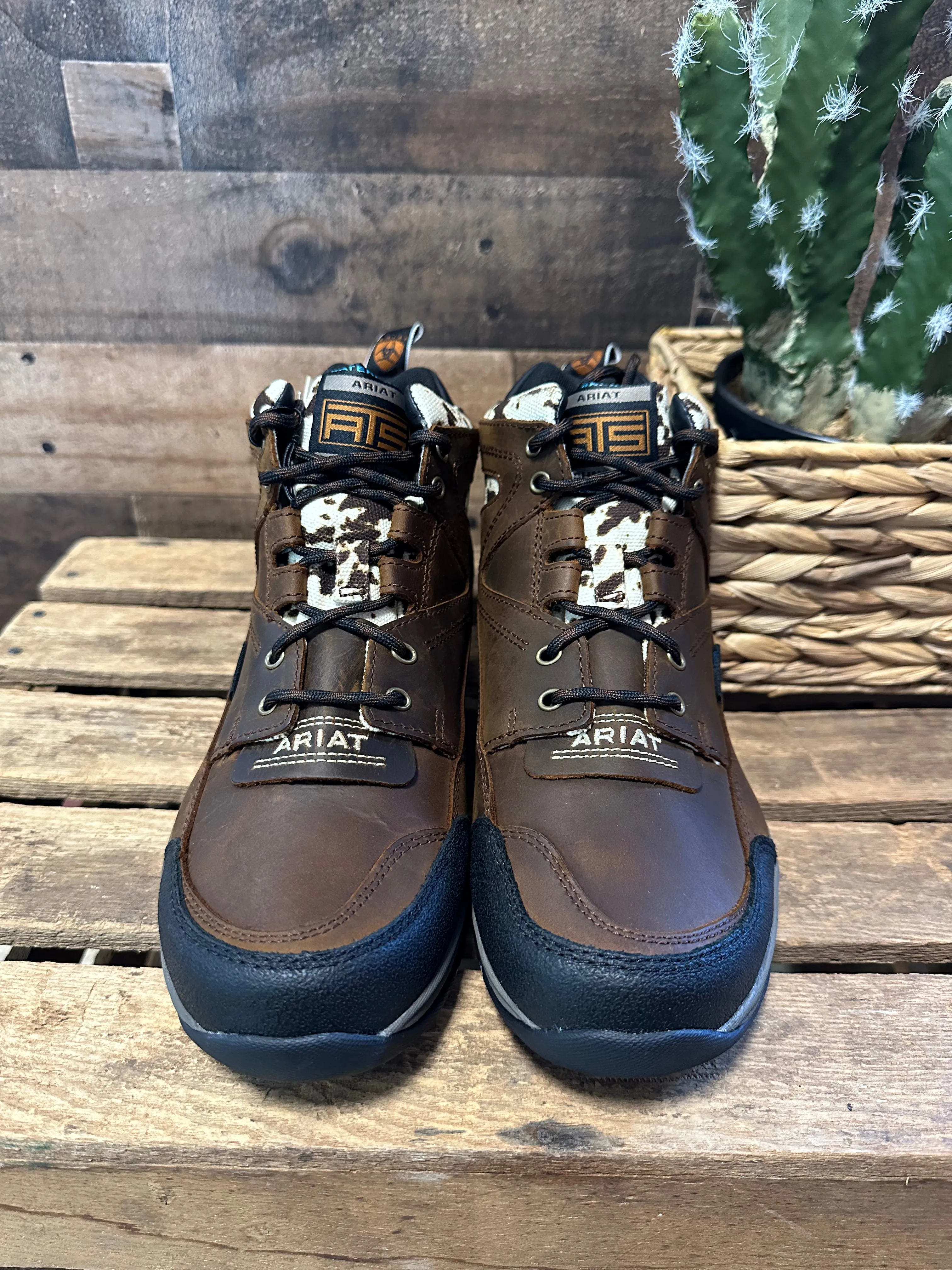 Ariat Women's Terrain H2O Waterproof Distressed Brown and Speckled Cow Print Lace Up Shoe 10044538 outdoor durability Protective Industrial Shoes