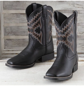 Pull On Style Ariat Children's/Youth Tycoon Black Leather Square Toe Cowboy Boots 10029627