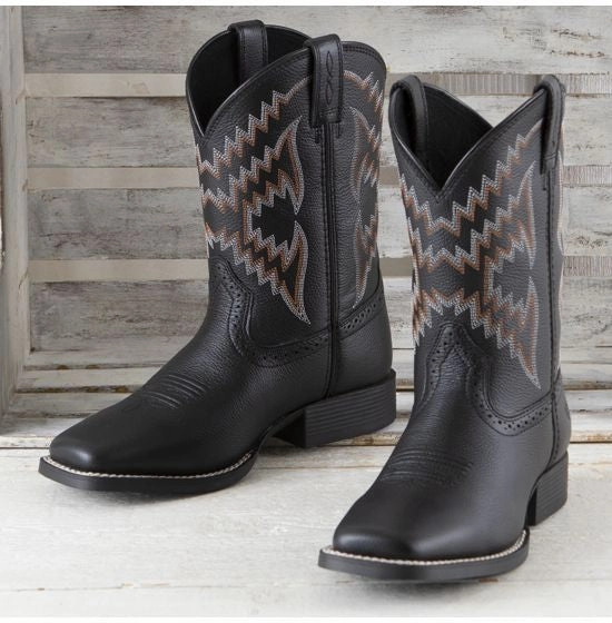 Pull On Style Ariat Children's/Youth Tycoon Black Leather Square Toe Cowboy Boots 10029627