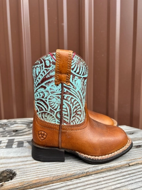 Ariat Lil' Stomper Toddler Roundup Brown Turquoise Embossed Print Western Cowboy Boot A441003502 Stylish Versatility Utility Design