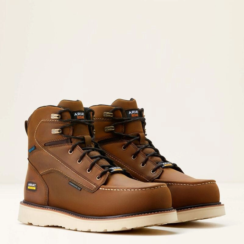 Gold Shine Ariat Men's Rebar Brown Moc Toe 6" Waterproof Wedge Sole Composite Toe Work Boot 10053615