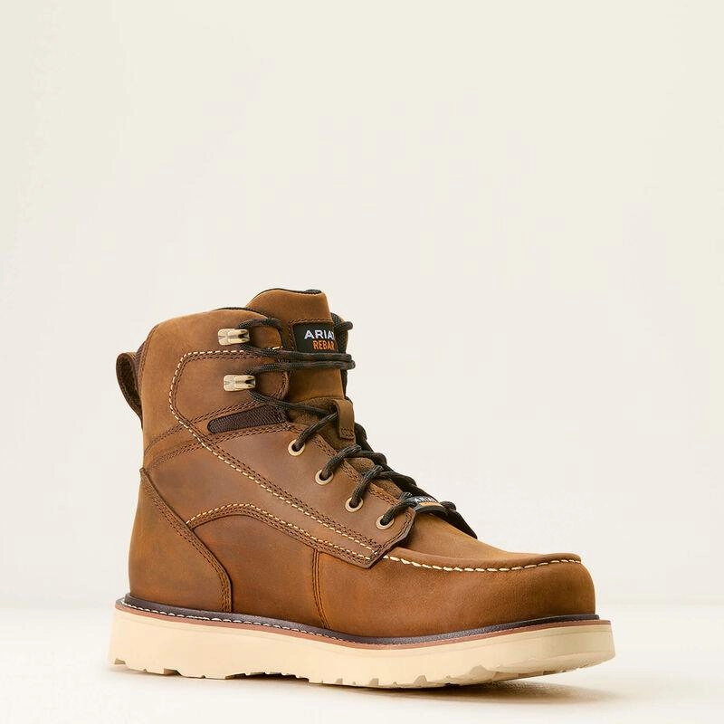 All-Weather Wear Ariat Men's Rebar Distressed Brown Wedge Moc Toe 6" Waterproof Work Boot 10053614