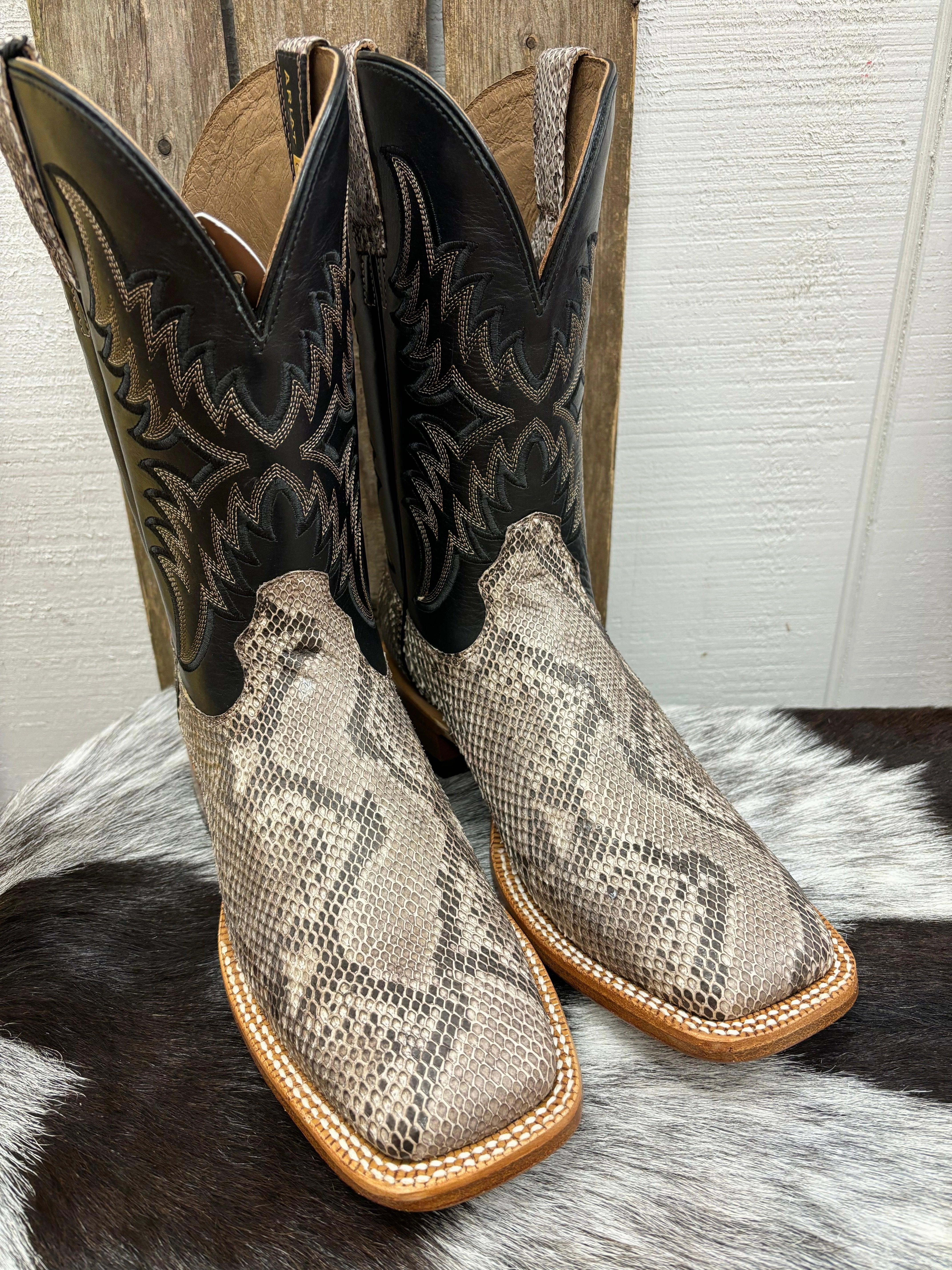 slip-resistant Ariat Men's Tan Python & Ancient Black Dry Gulch Square Toe Cowboy Boots 10047081