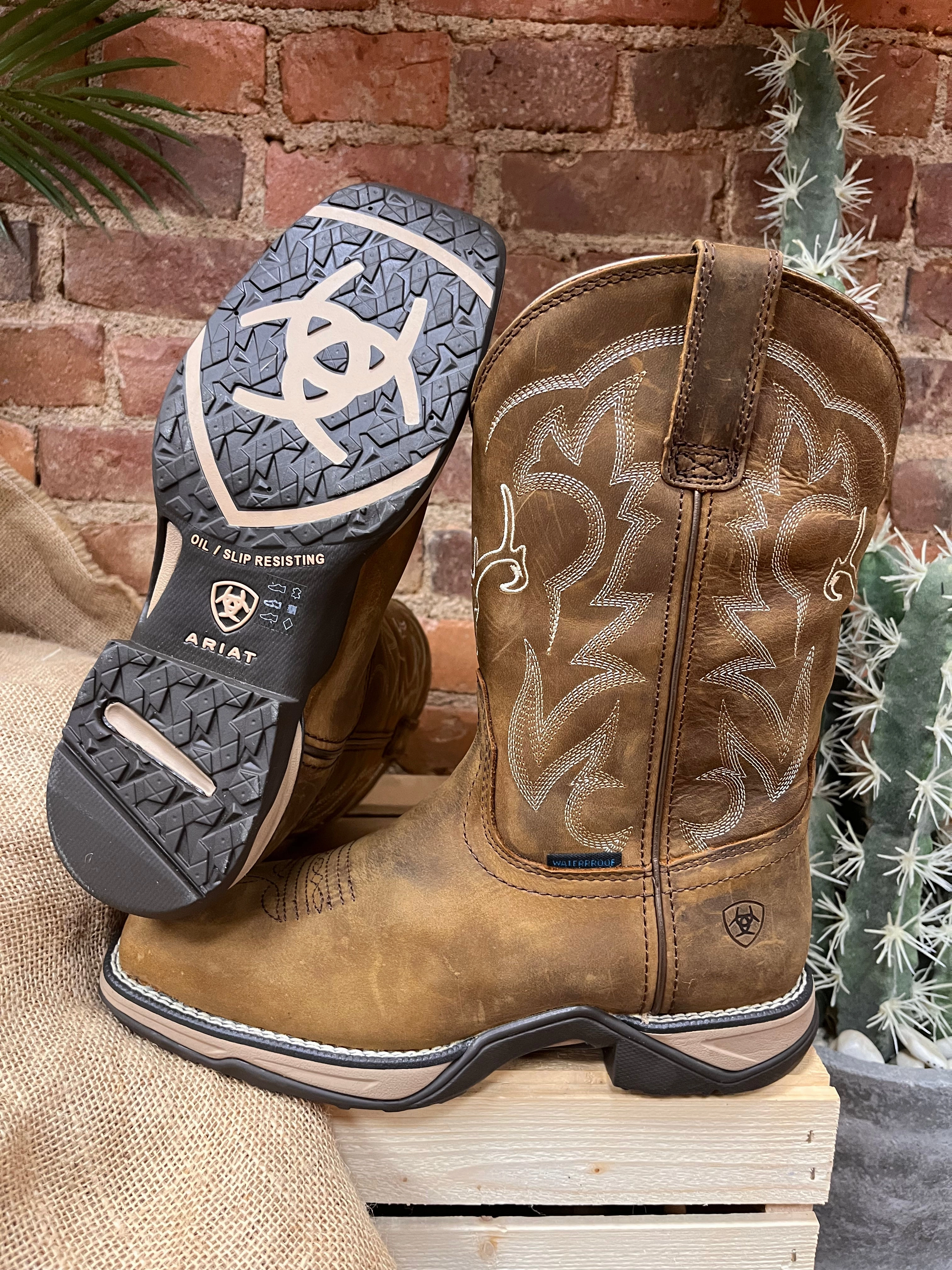 Secure And Comfortable Ariat Women's Anthem Deer Waterproof Brown Leather Cowgirl Boots 10042593