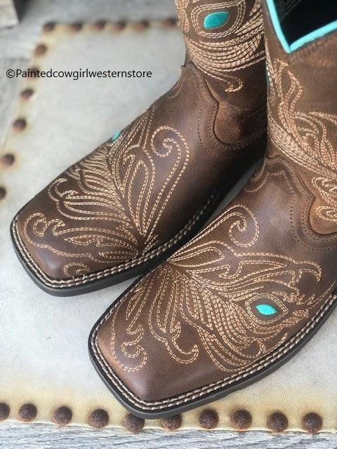 Ariat Women's Bright Eye II Brown Peacock Feather Square Toe Cowgirl Boots 10033983 Zip Up Style