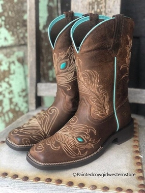 Ariat Women's Bright Eye II Brown Peacock Feather Square Toe Cowgirl Boots 10033983 Comfort Wrap insole