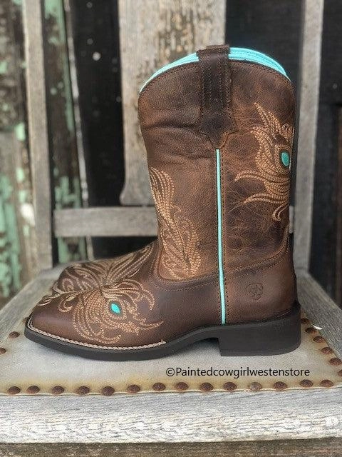 Ariat Women's Bright Eye II Brown Peacock Feather Square Toe Cowgirl Boots 10033983 Crisp Look