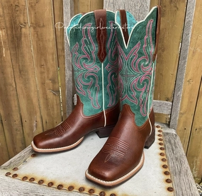Snow Season Ariat Women's Primera StretchFit Brown & Teal Square Toe Cowgirl Boots 10038303