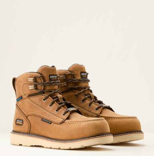 Ariat Women's Rebar Antique Brown 6" Wedge Moc Toe Waterproof Composite Toe Work Boot 10053717 Heavy Duty Lining All Terrain Support