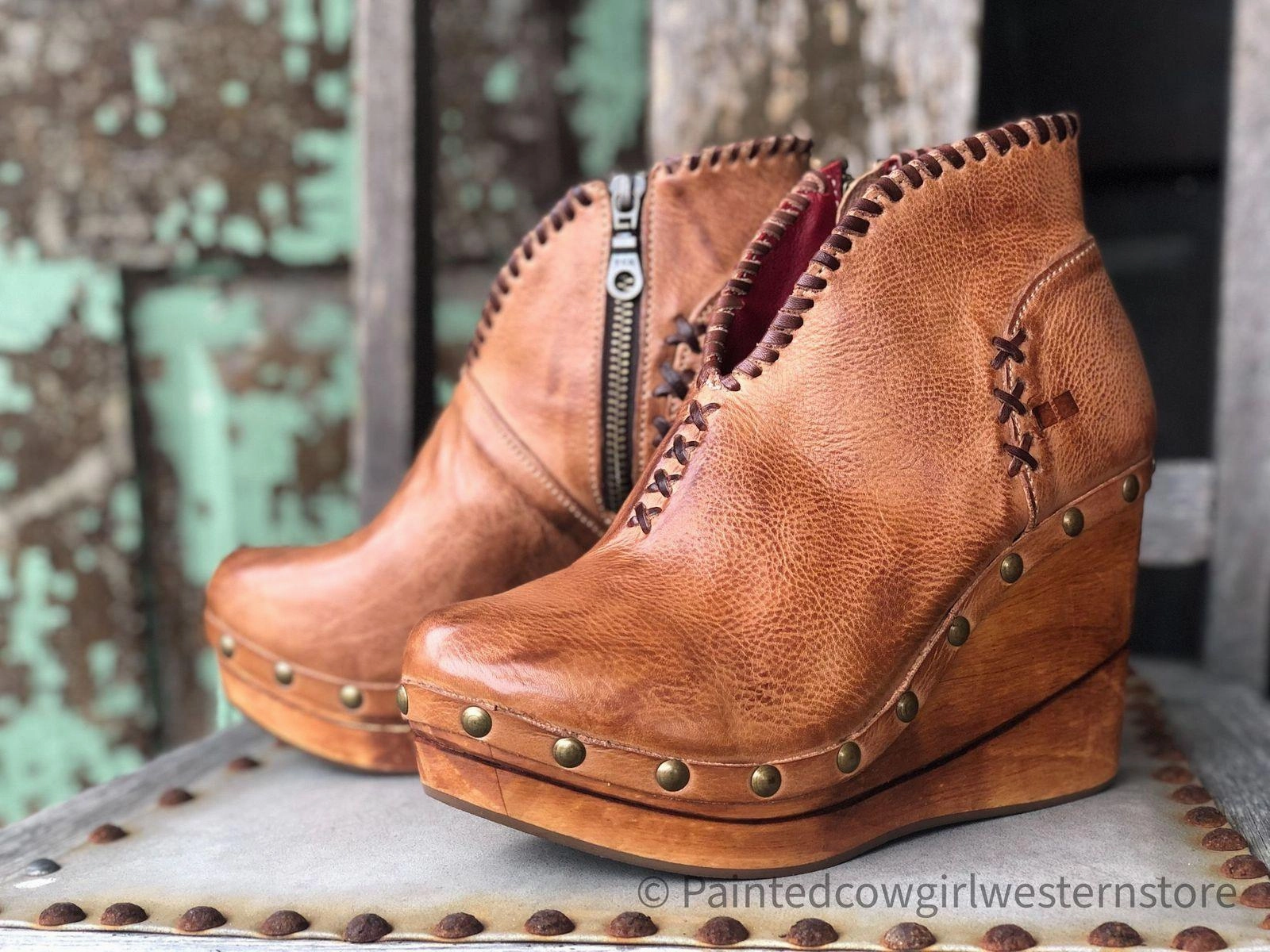 Comfy All buckle Bed Stu Women's Marina Tan Teak Rustic Leather Wooden Wedge Shoes F389007