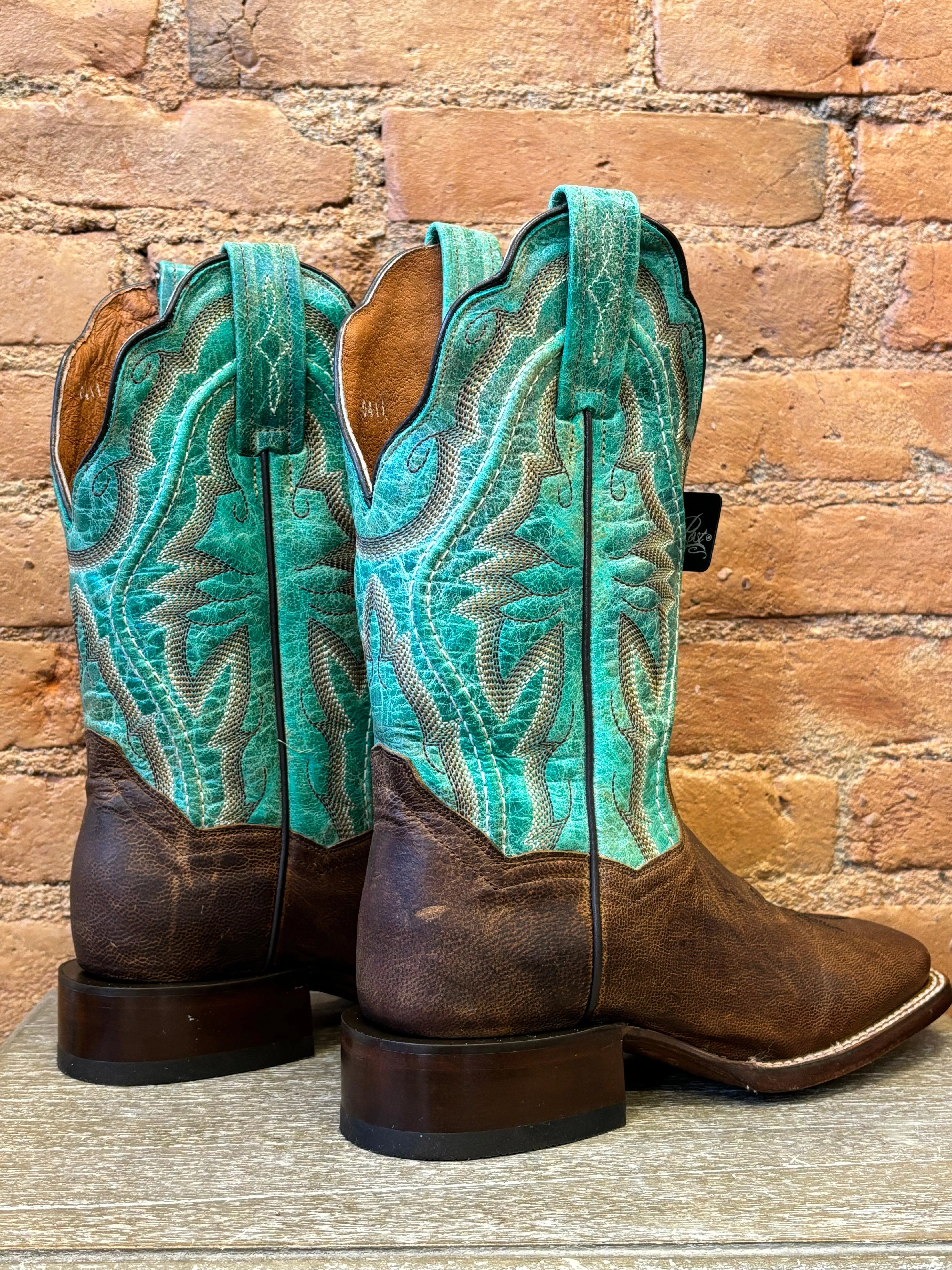 Dan Post Women's Babs Brown and Teal Square Toe Cowgirl Boots DP4937 Compact Frame