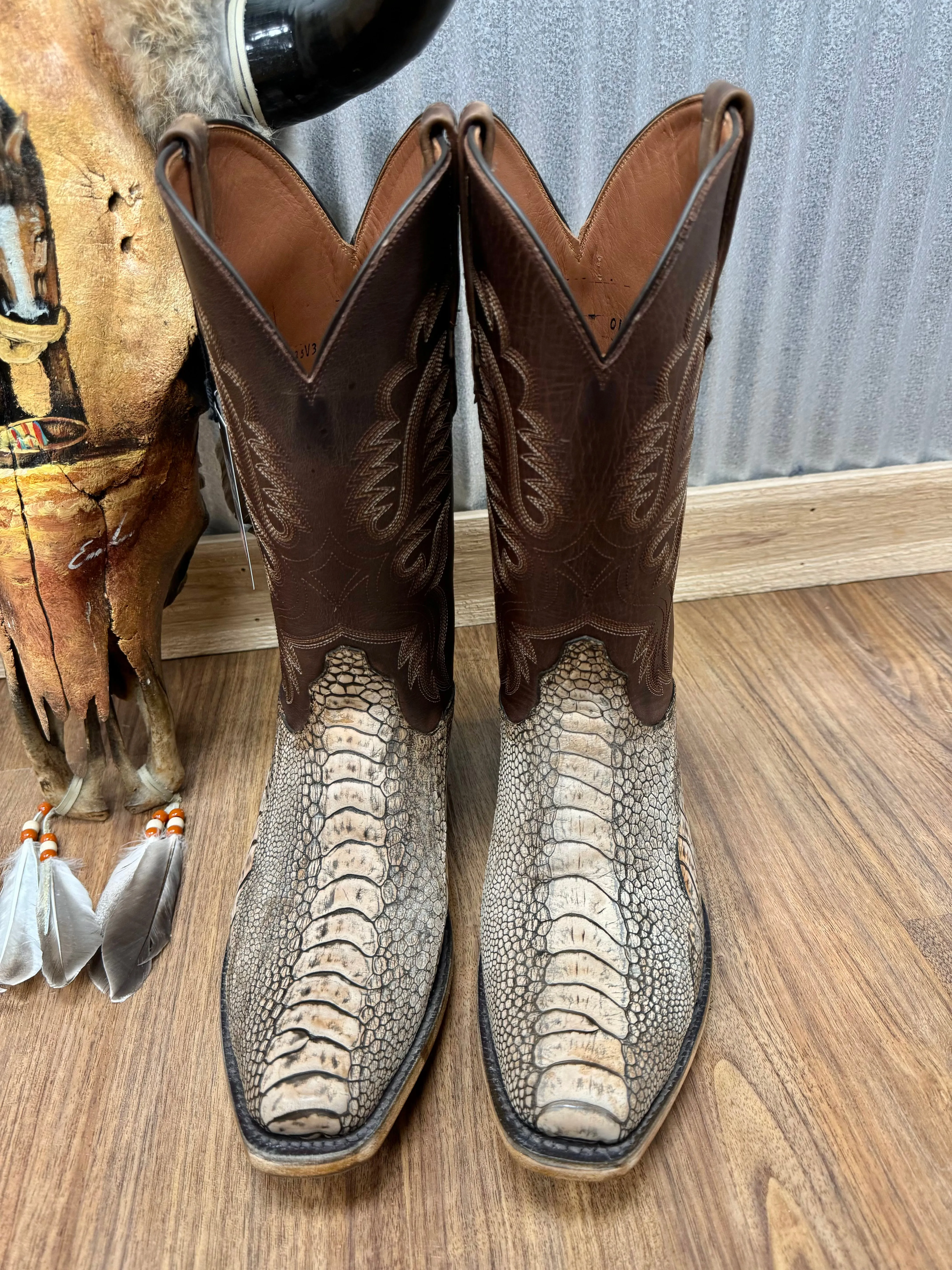 Quality Wear Black Jack Mens Antique Nubuck Tan Ostrich Leg Narrow Square Toe Cowboy Boots ANT2708-V3