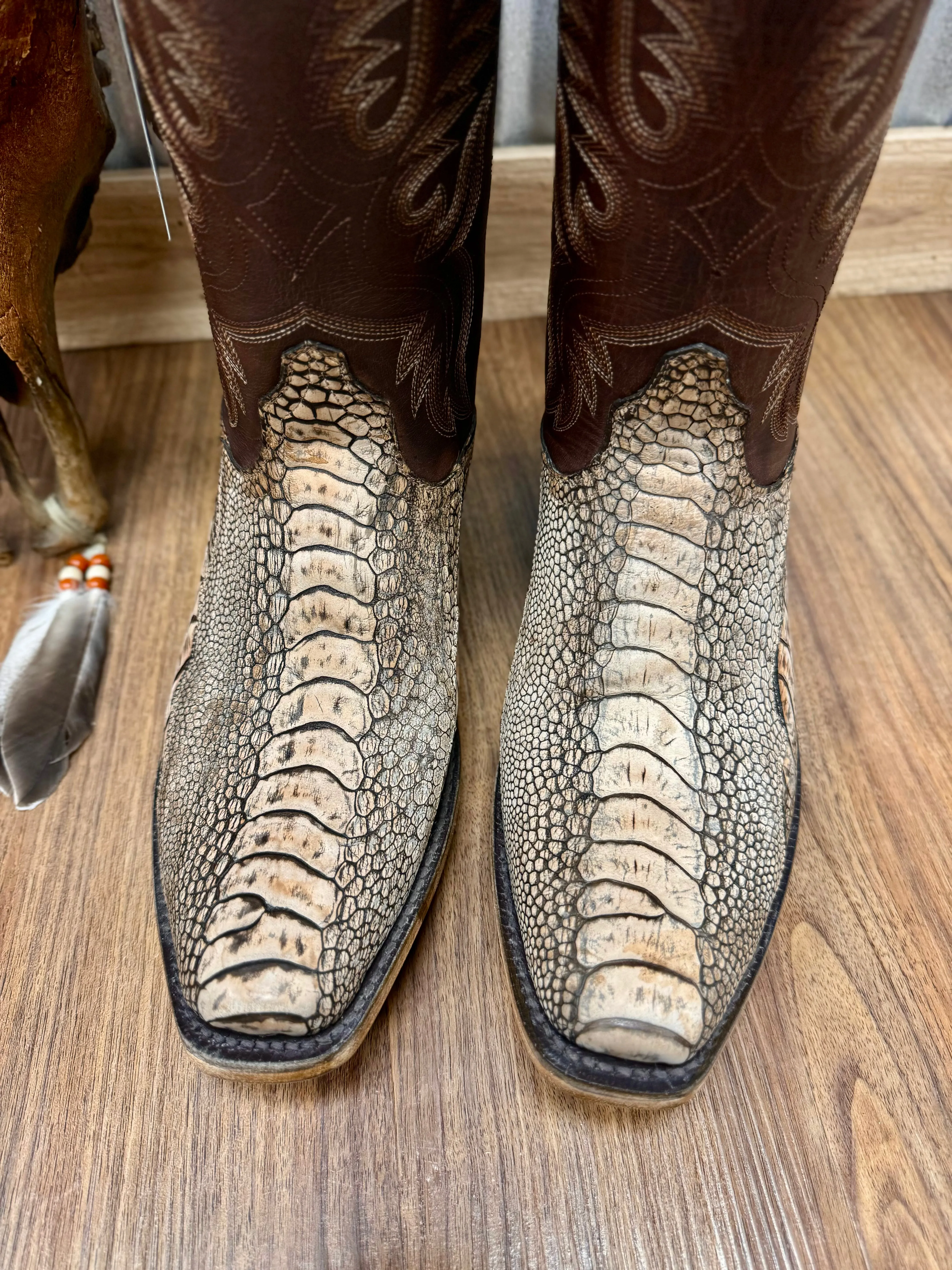 Quality Sole Black Jack Mens Antique Nubuck Tan Ostrich Leg Narrow Square Toe Cowboy Boots ANT2708-V3