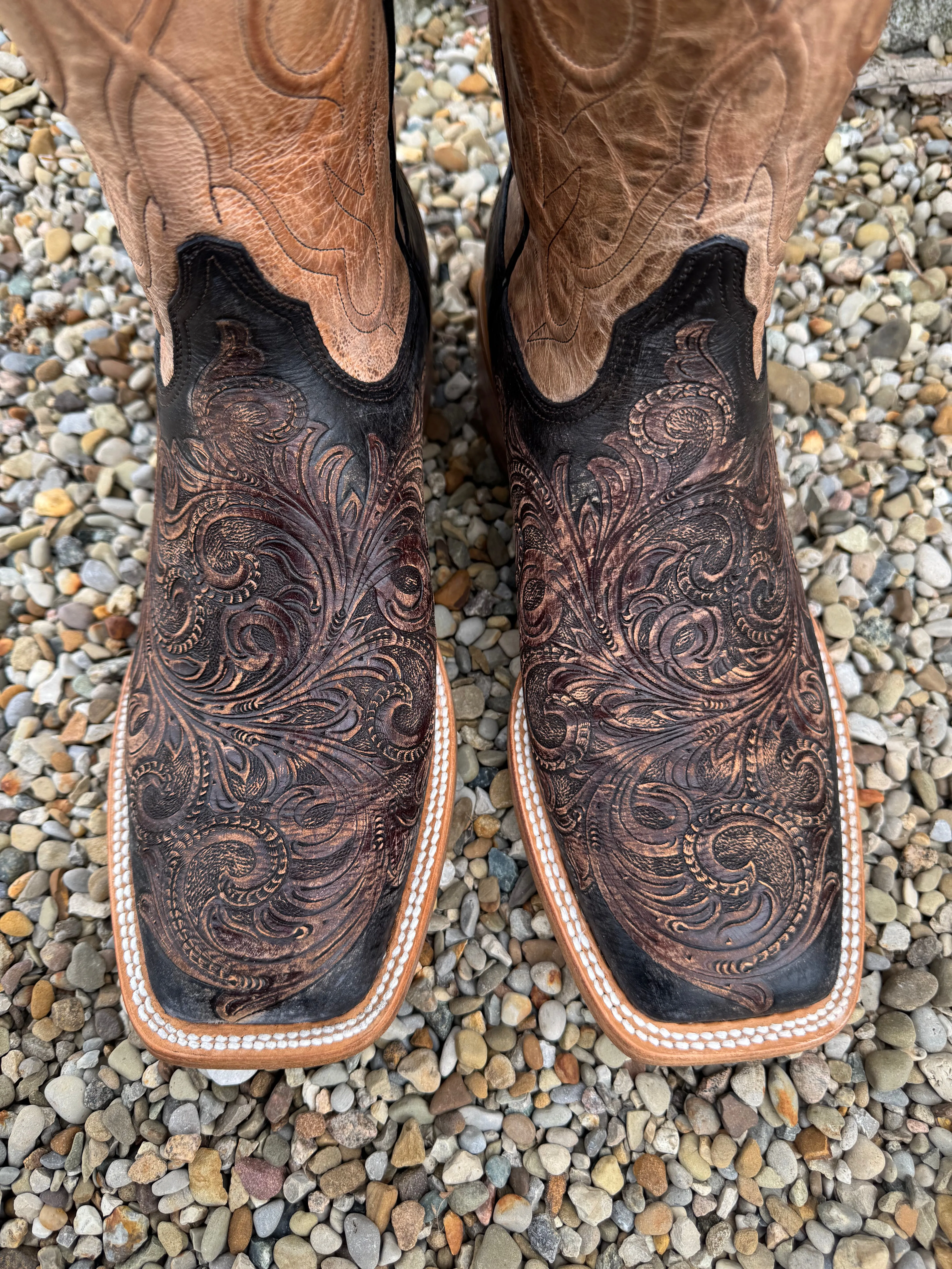 Freelancer Comfy Cushion Black Jack Men's Chocolate Tandy Black Hand-Tooled & Pearl Maddog Square Toe Cowboy Boots HT313-96