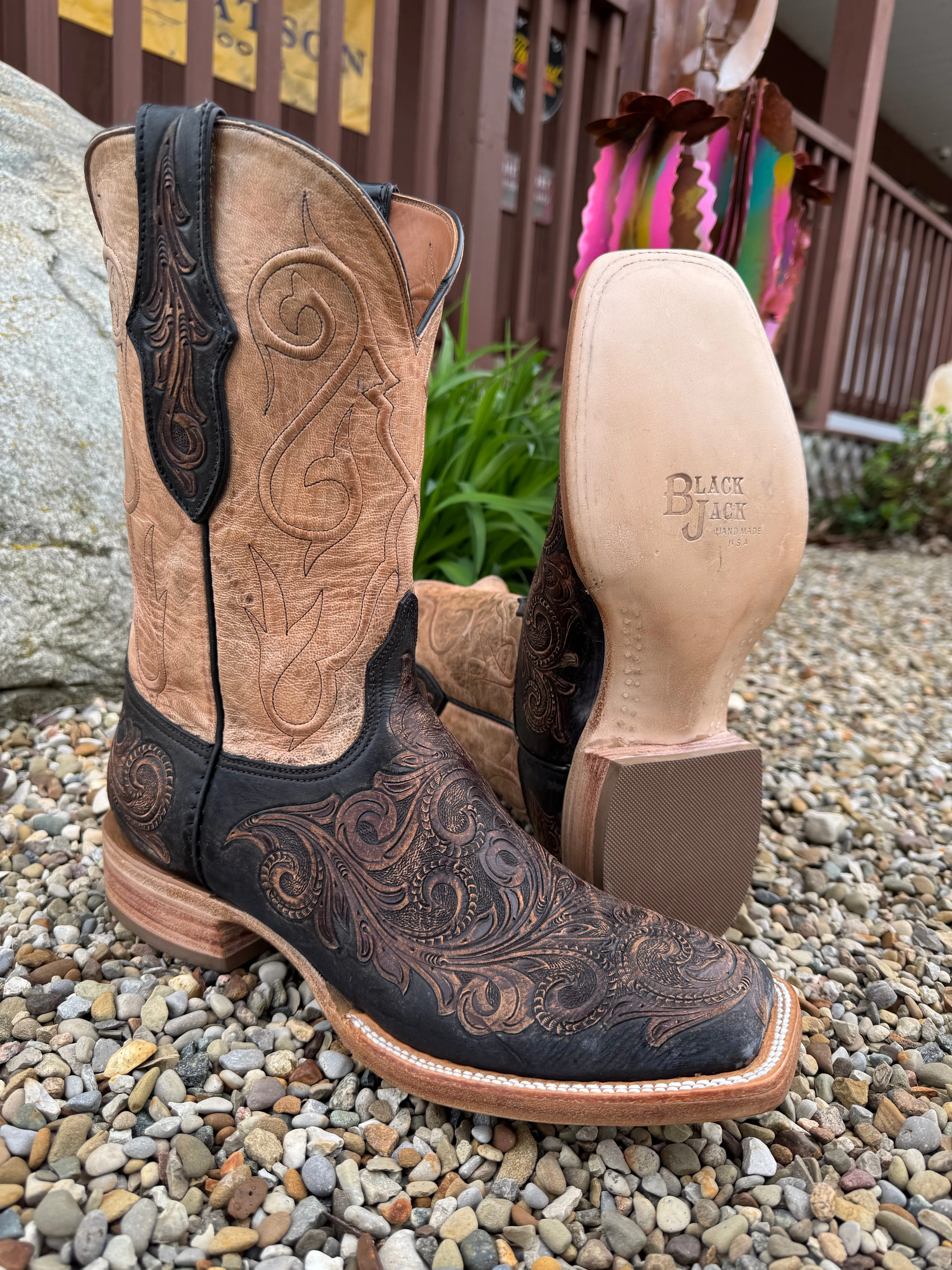Rubber Outsole Black Jack Men's Chocolate Tandy Black Hand-Tooled & Pearl Maddog Square Toe Cowboy Boots HT313-96