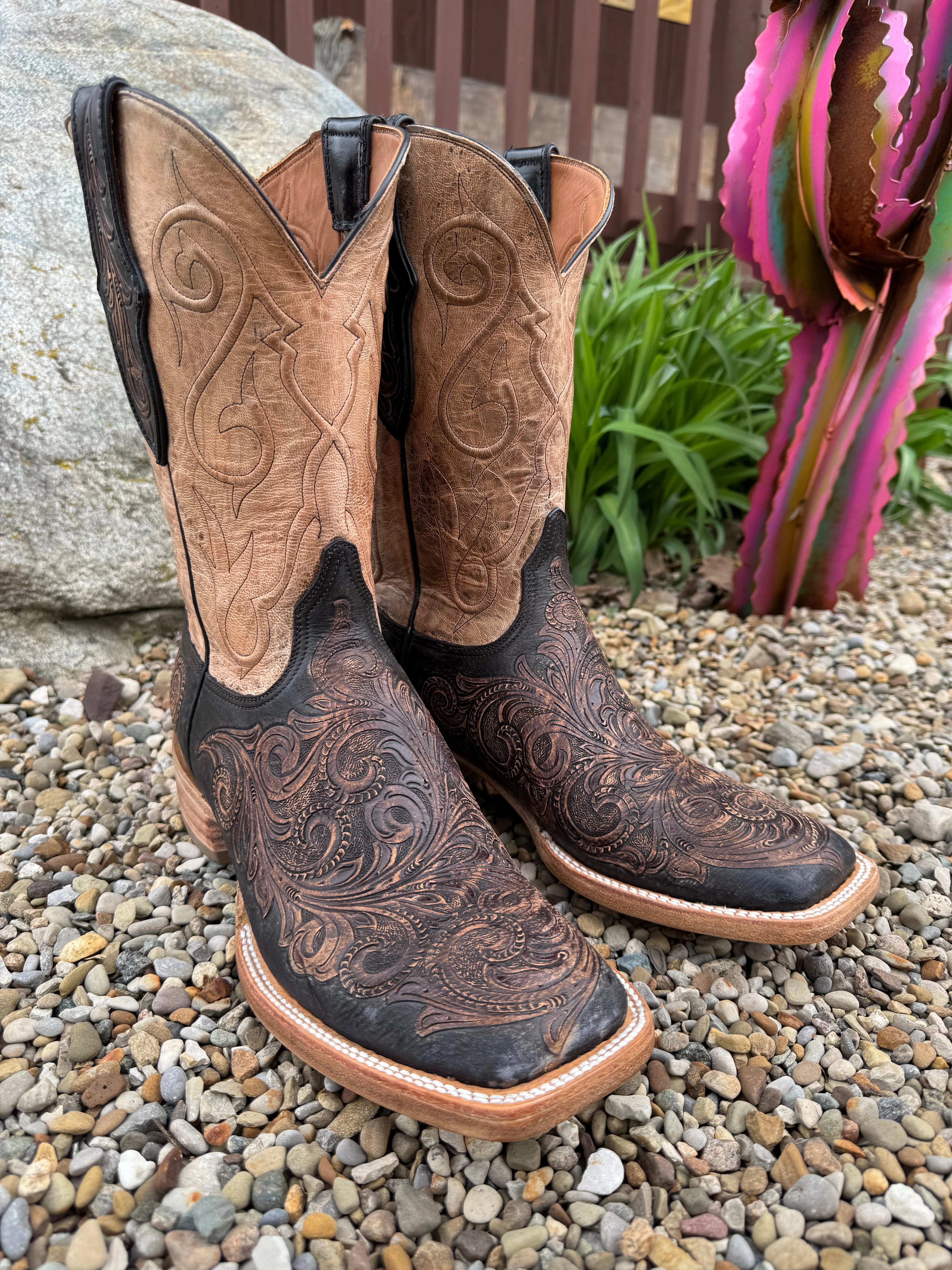 Chunky Sole Durable Comfort Black Jack Men's Chocolate Tandy Black Hand-Tooled & Pearl Maddog Square Toe Cowboy Boots HT313-96