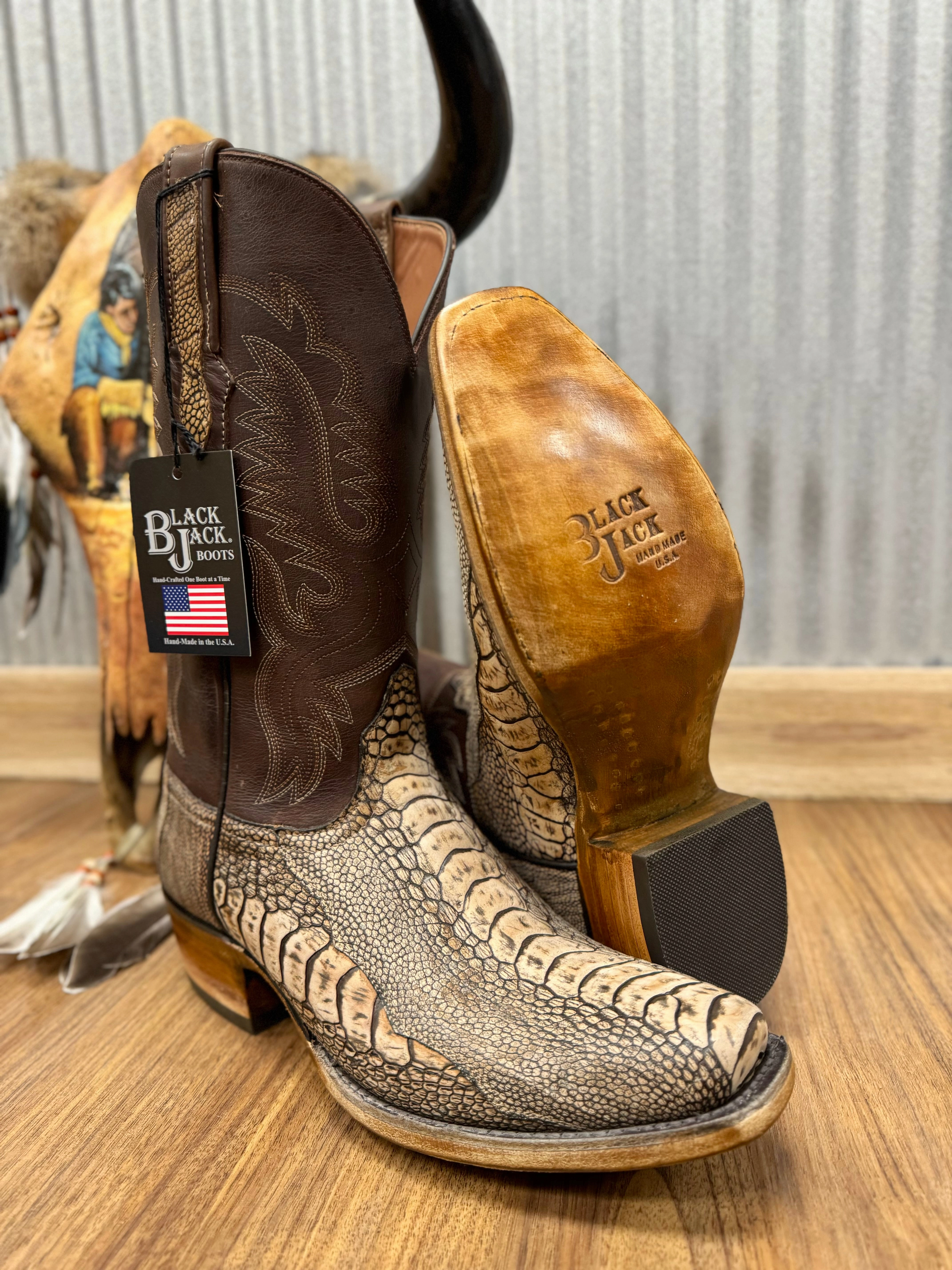 Long Hike Climber Black Jack Mens Antique Nubuck Tan Ostrich Leg Narrow Square Toe Cowboy Boots ANT2708-V3