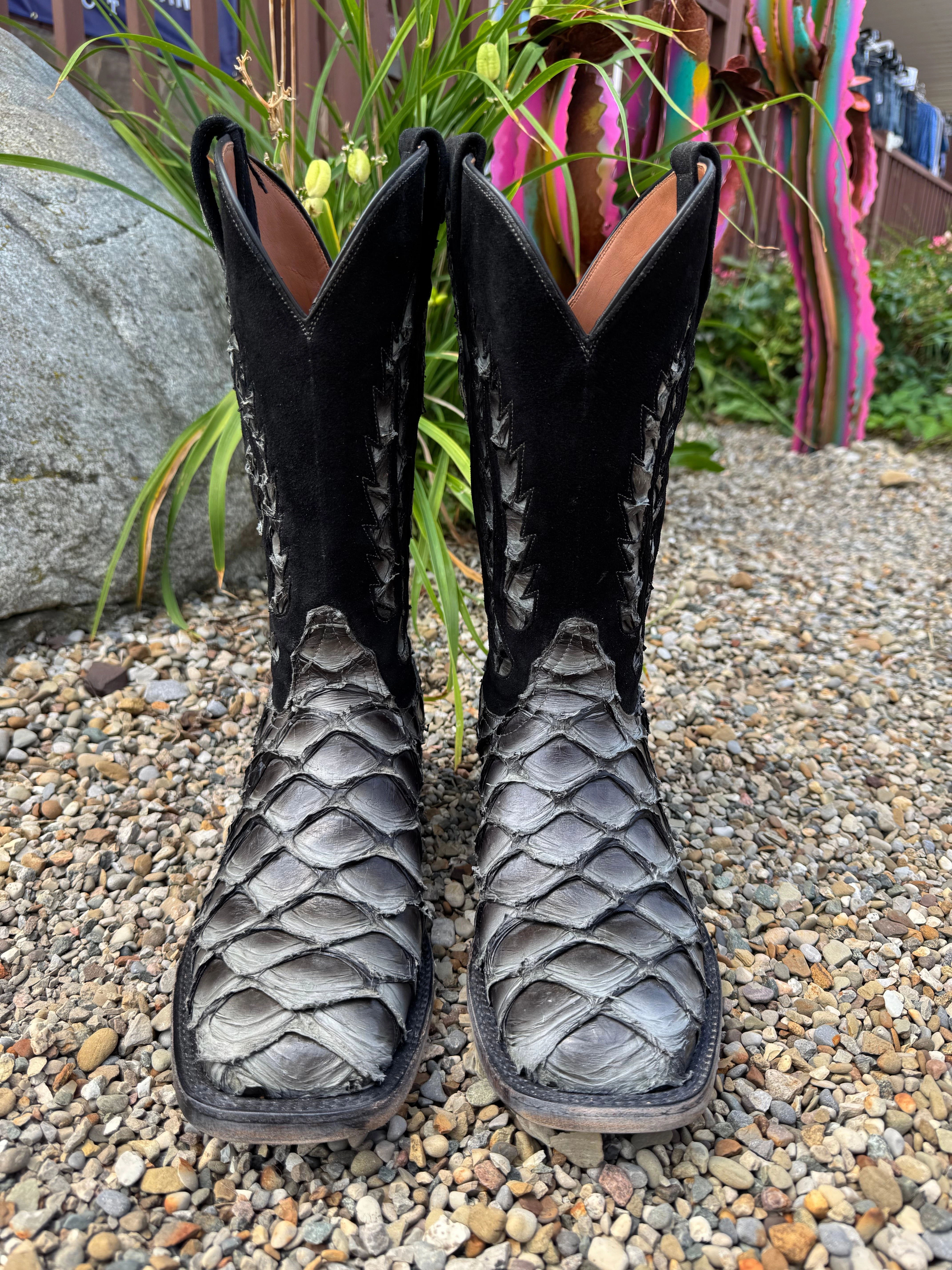 Croc Look Pull on Black Jack Mens Big Bass Pirarucu Paloma Grey Square Toe Western Cowboy Boots PG1732-96