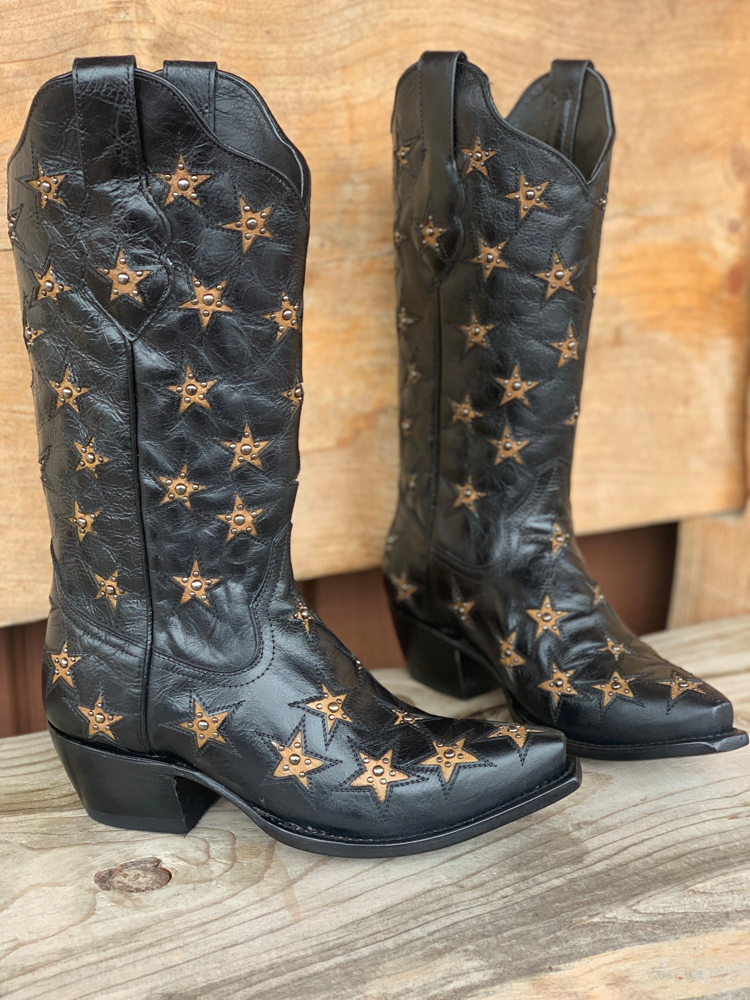 Black Star Womens Marfa Star Inlay Black Western Cowgirl Boots WBSN012 removable insoles