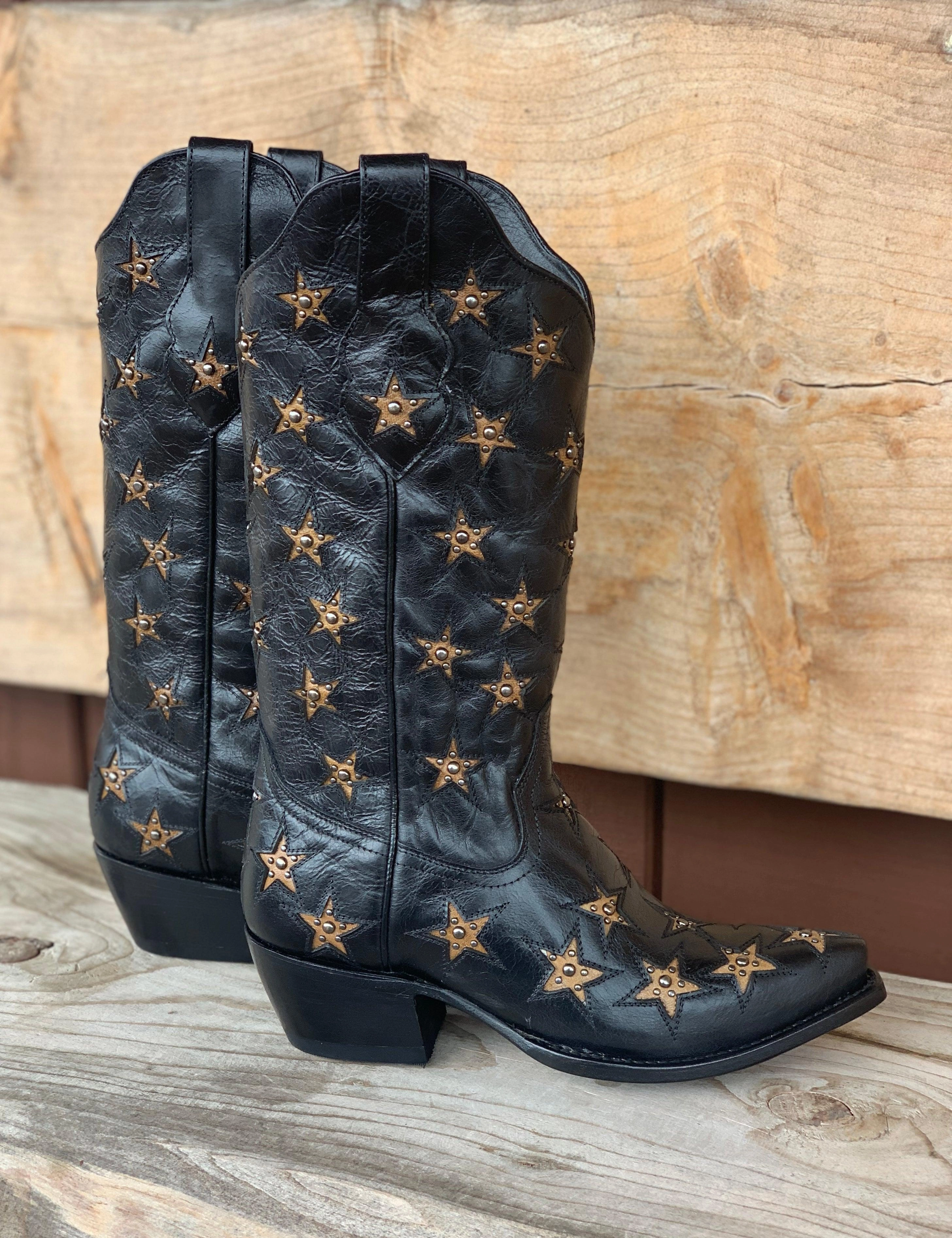 Smooth Texture Black Star Womens Marfa Star Inlay Black Western Cowgirl Boots WBSN012