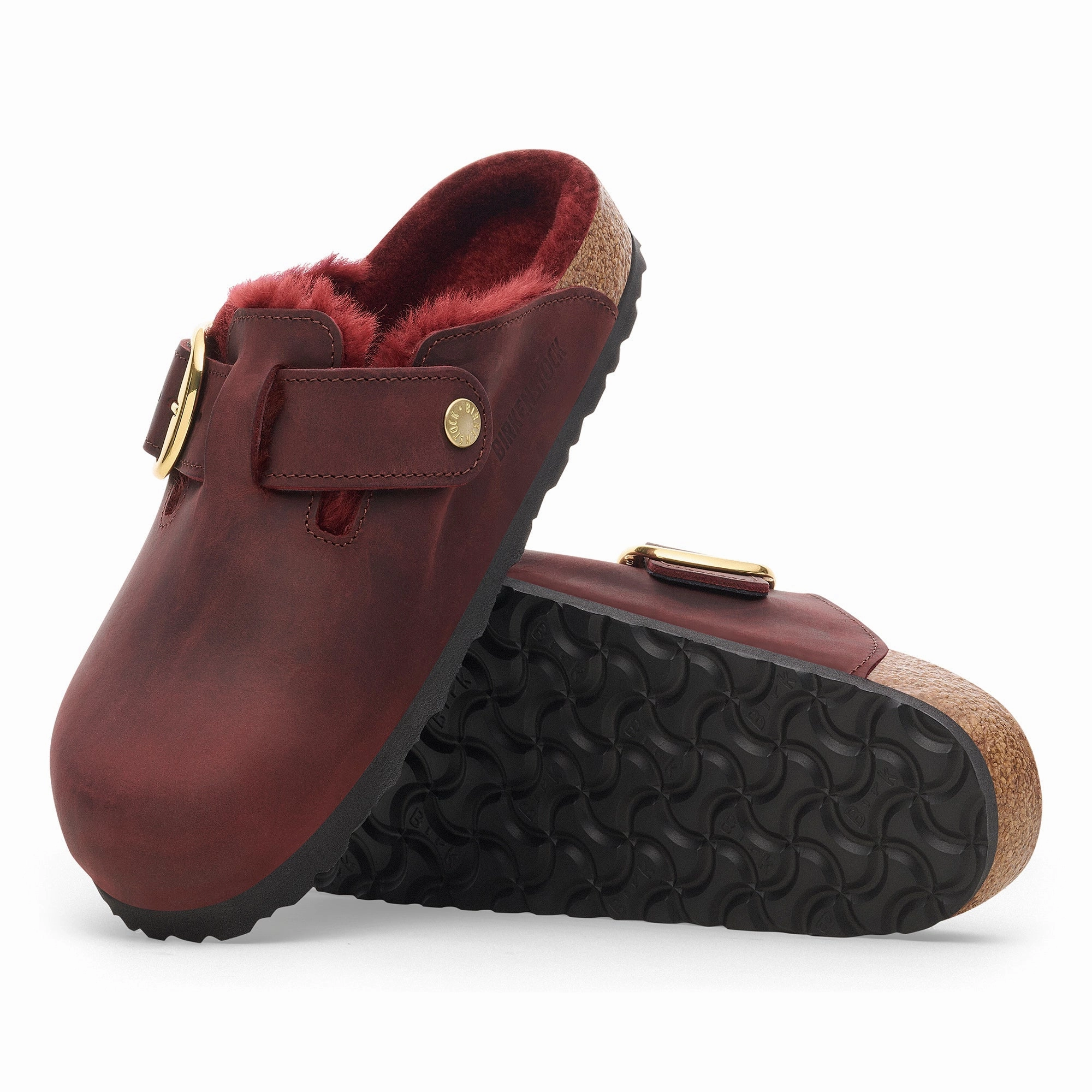 Leather Material Flat Sole Boston Big Buckle | Oiled Leather/Shearling | Zinfandel