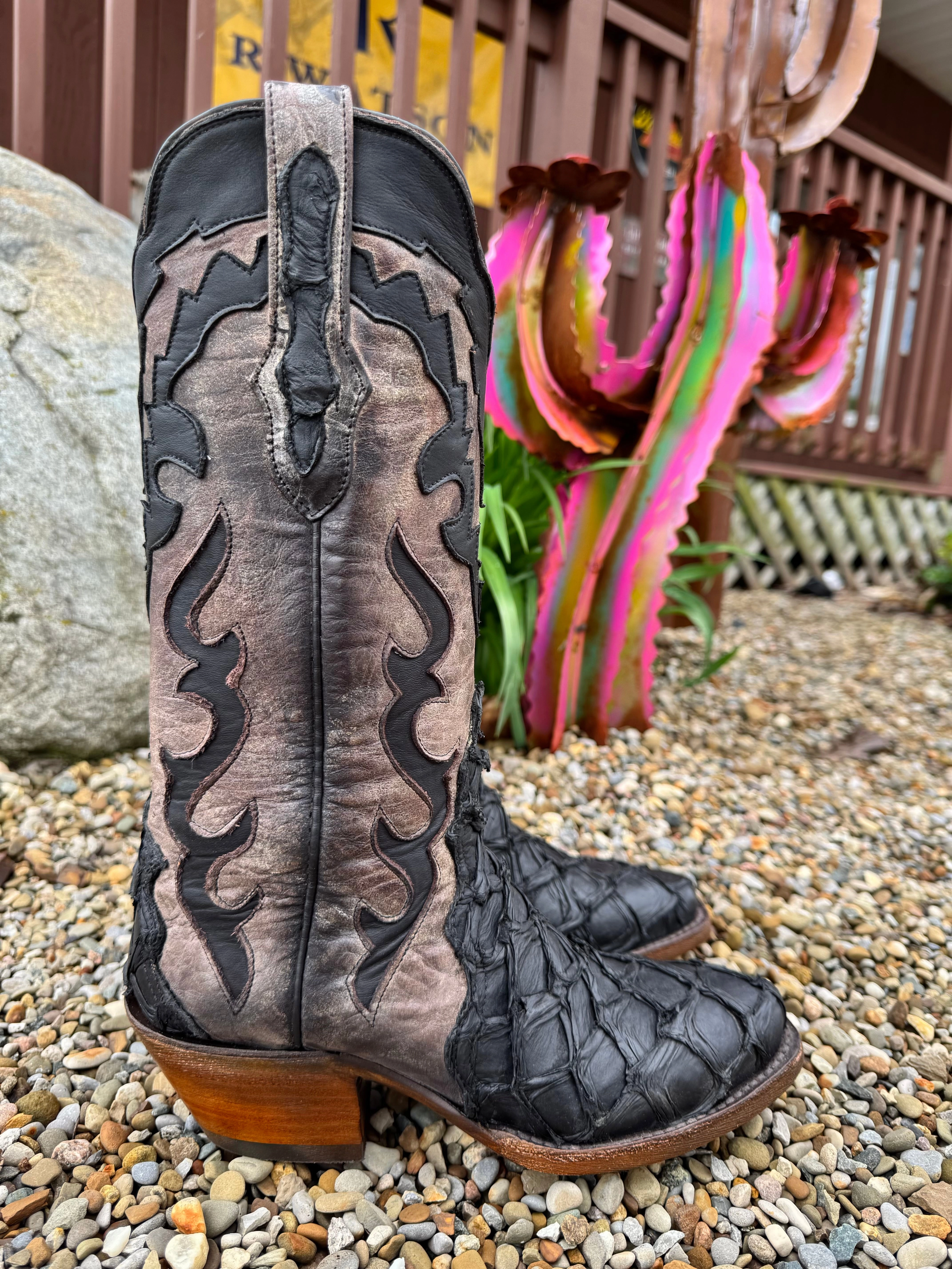 Black Jack Women's Flat Black Pirarucu Big Bass & Tribal Triad Antiqued Tobacco Top w/ Inlays Cowgirl Boots BK7129-V5 Reinforced Seams