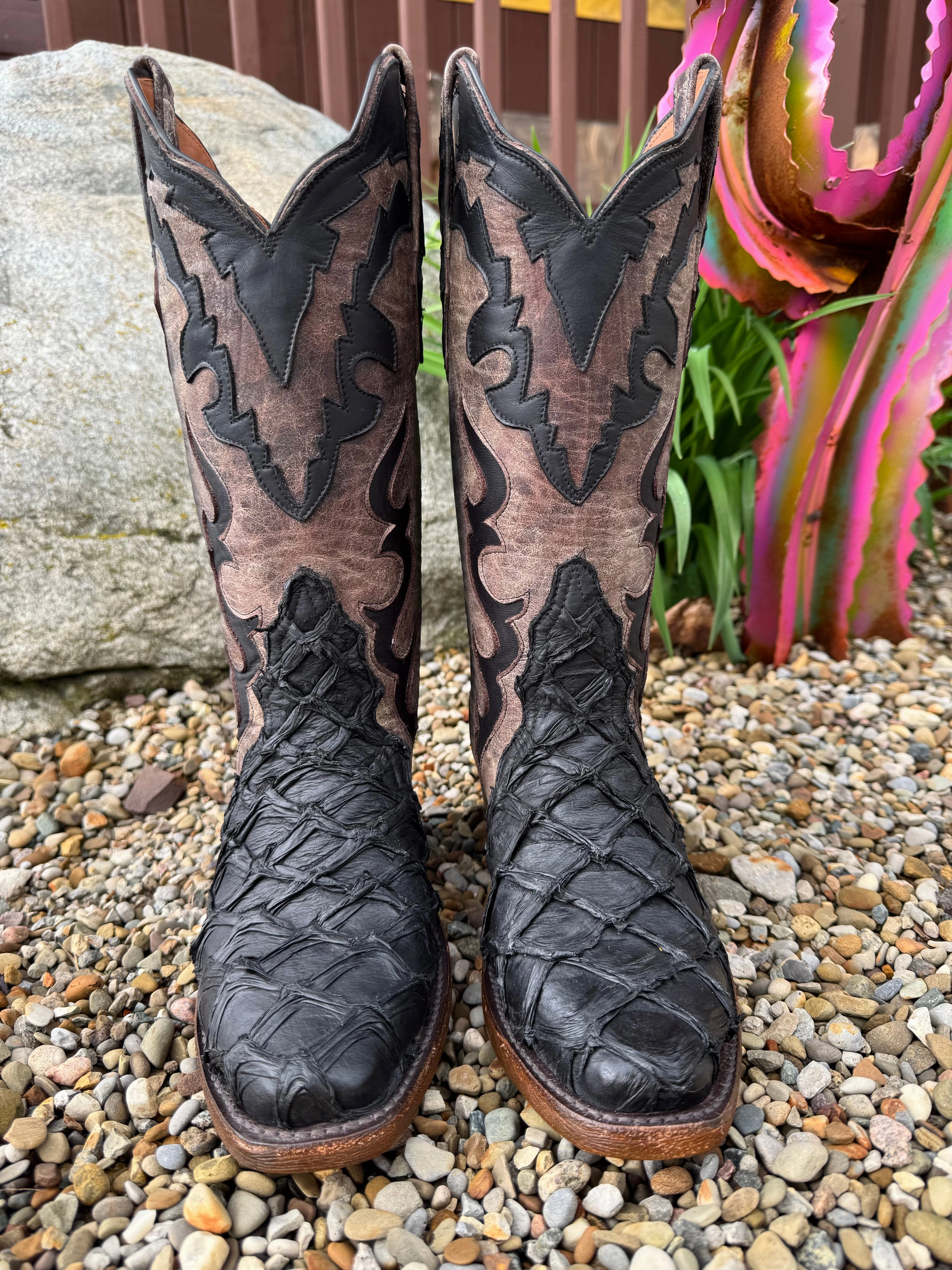 Black Jack Women's Flat Black Pirarucu Big Bass & Tribal Triad Antiqued Tobacco Top w/ Inlays Cowgirl Boots BK7129-V5 Resilient Sole