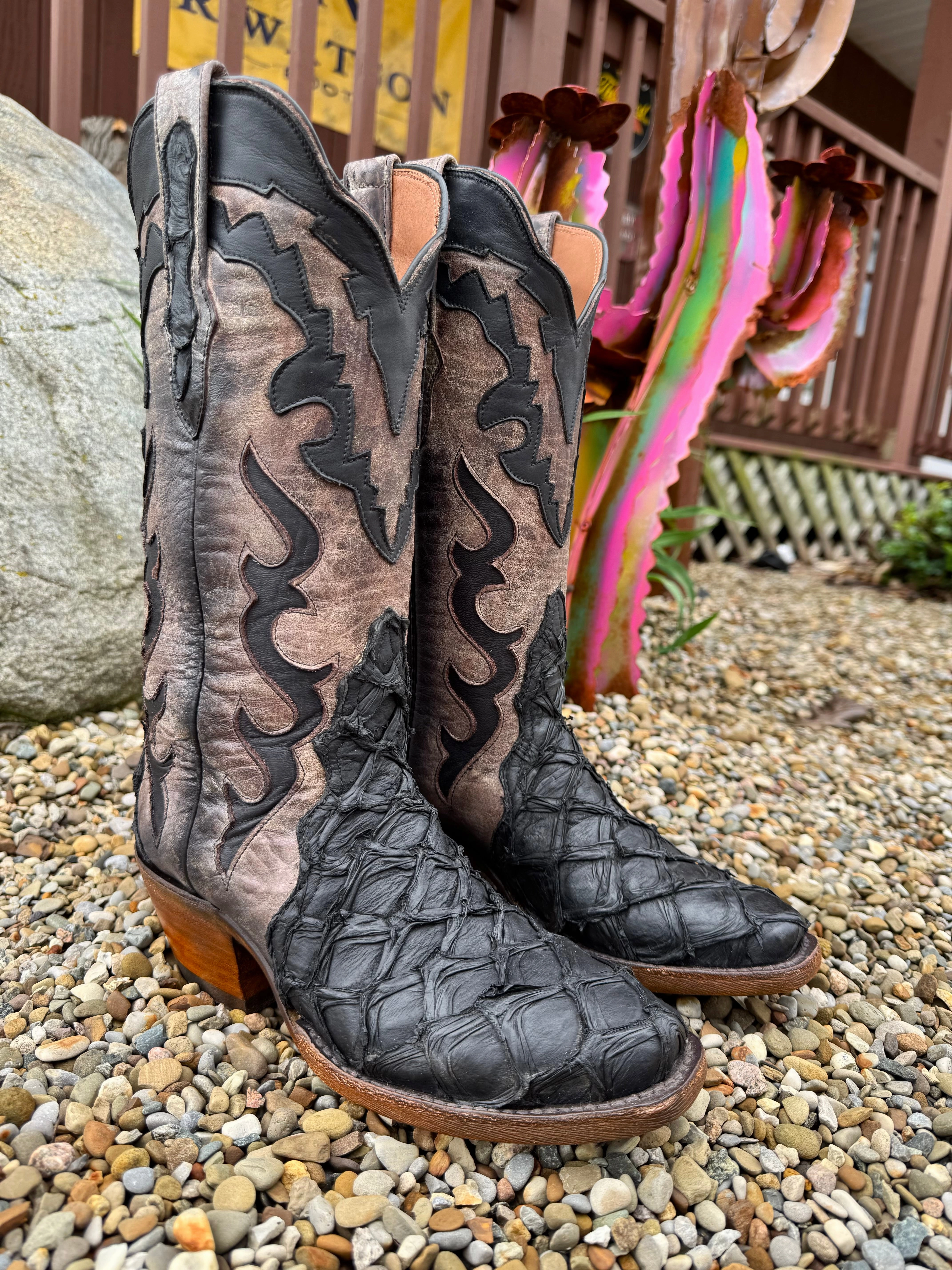 Black Jack Women's Flat Black Pirarucu Big Bass & Tribal Triad Antiqued Tobacco Top w/ Inlays Cowgirl Boots BK7129-V5 Urban Fashion
