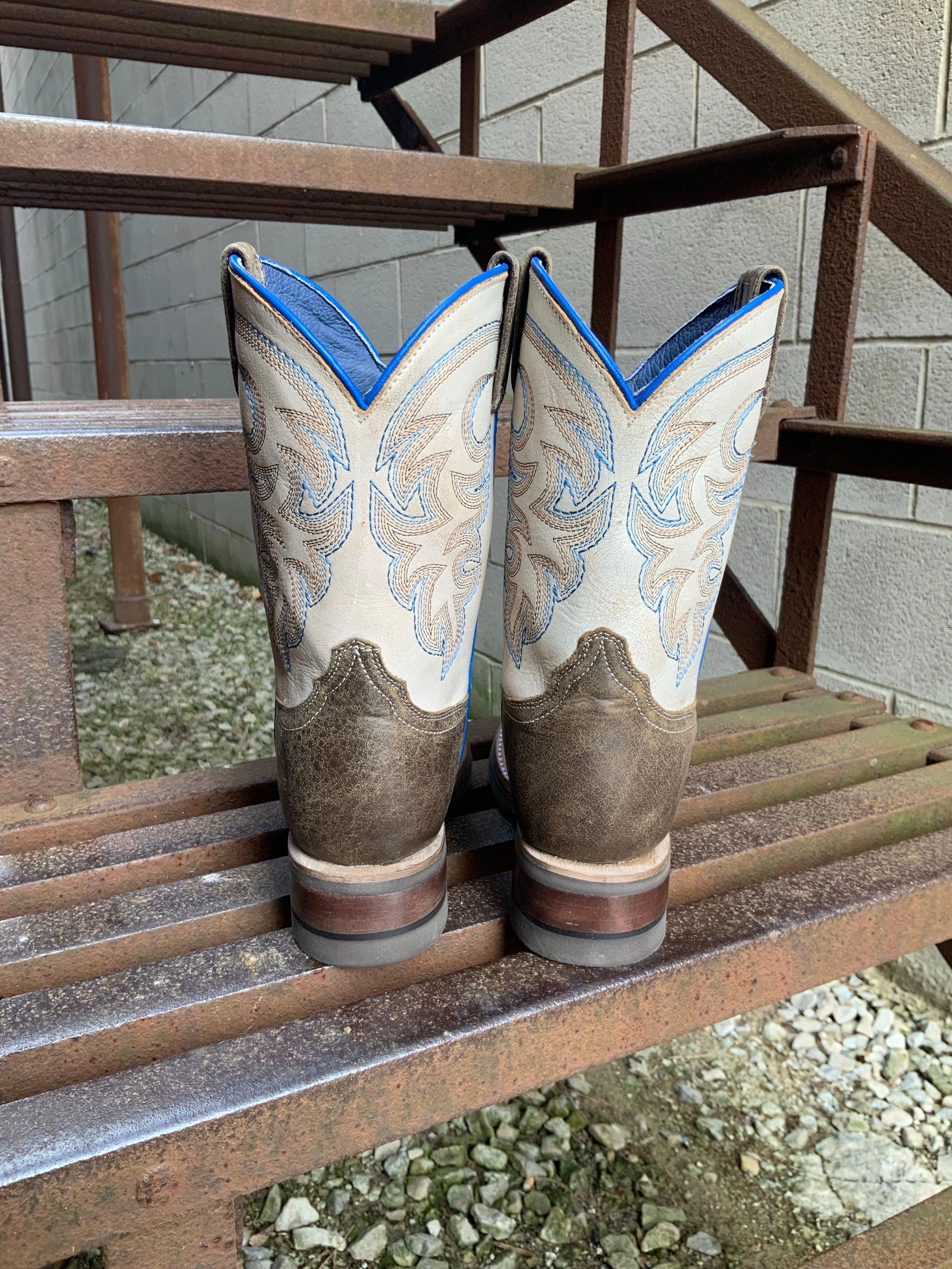 Functional Build Roper Childrens Vintage Brown Leather & Bone White Top Square Toe Cowboy Boots 7019-8246