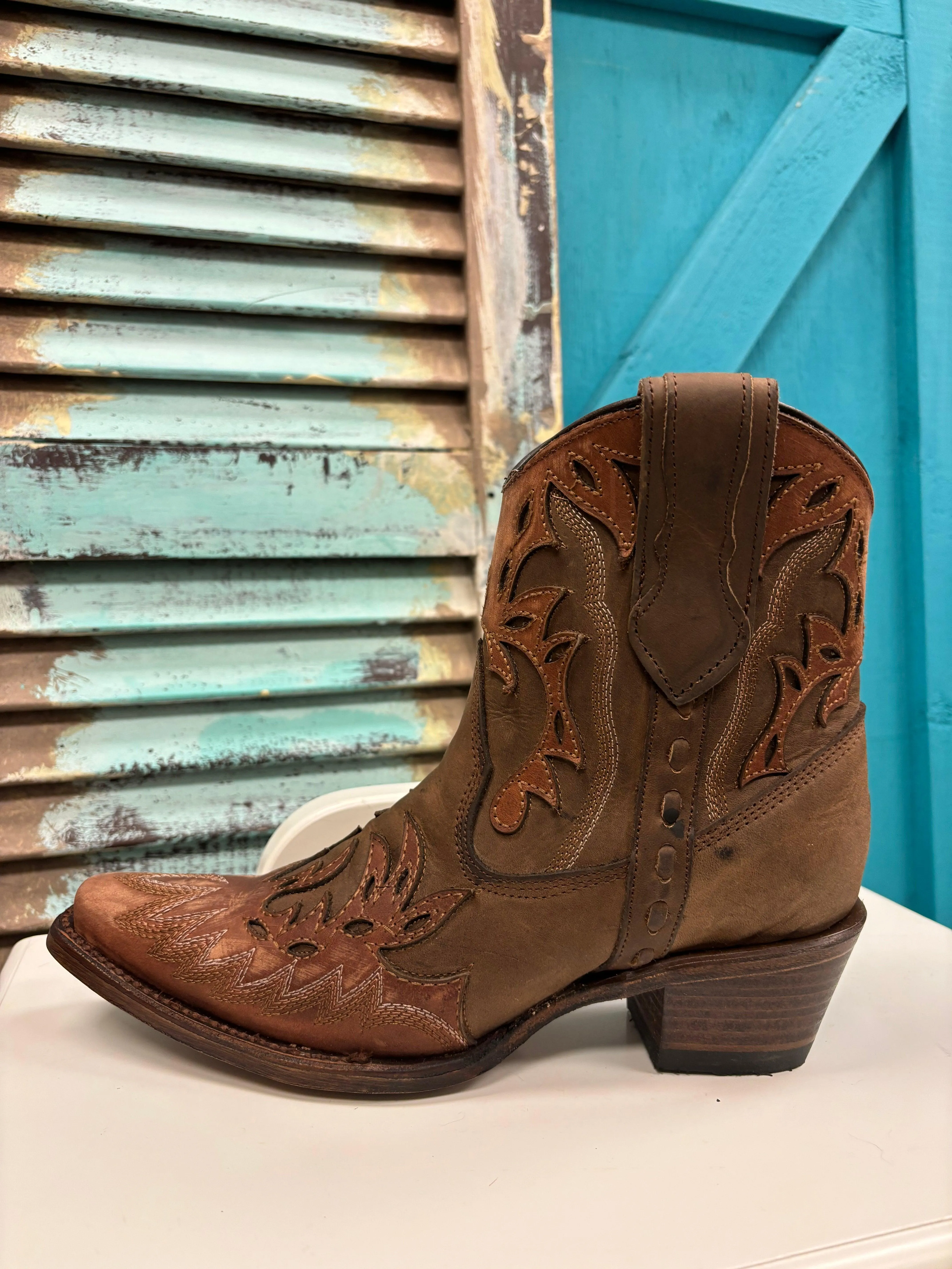 Ankle Coverage Circle G Women's Cognac & Tobacco Embroidered Wing Tip Ankle Boots L6100