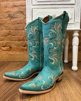 Circle G Women's Teal Embroidered & Studs Snip Toe Cowgirl Boots L5965 High   Quality Easy Layer