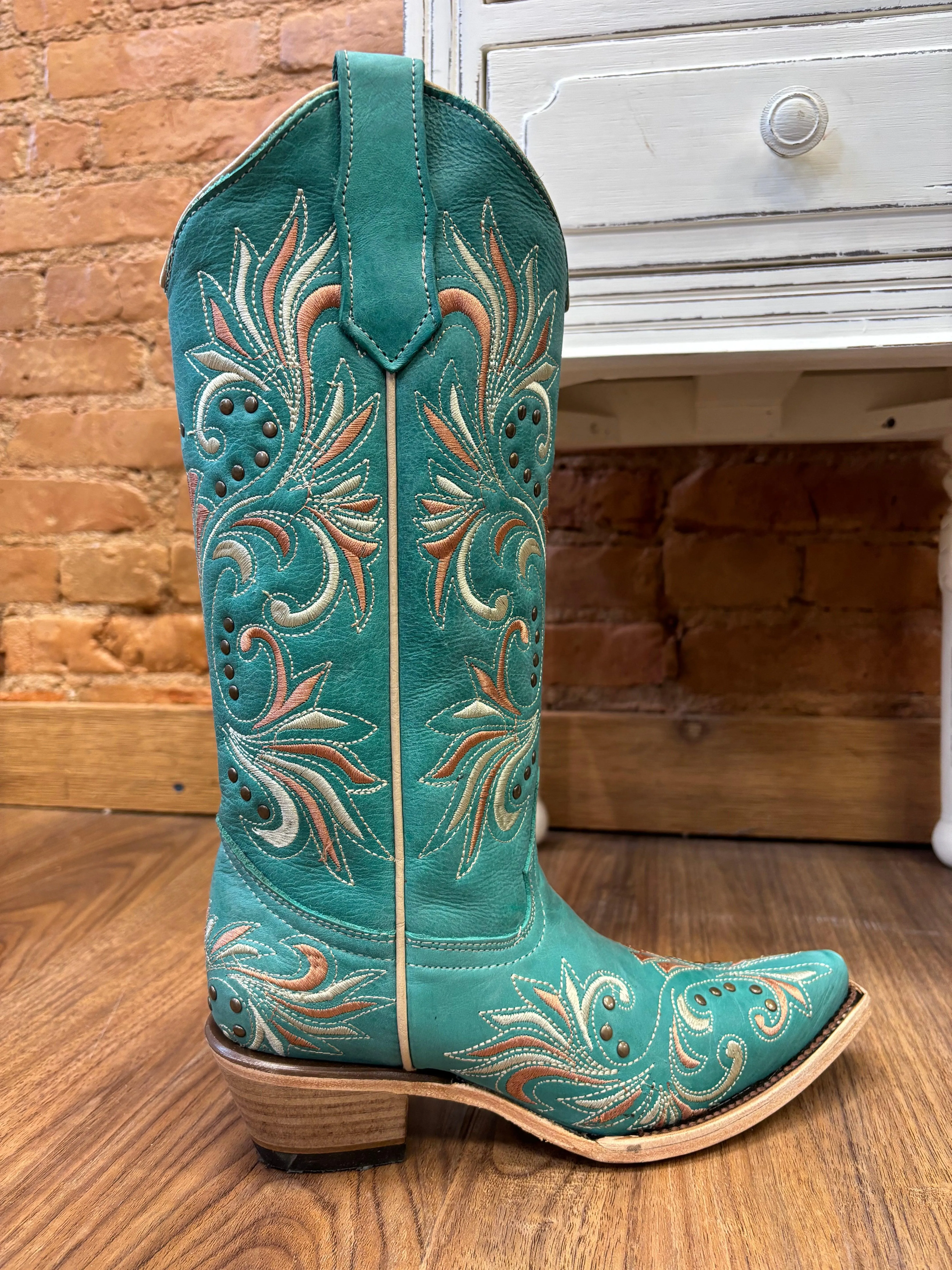 Circle G Women's Teal Embroidered & Studs Snip Toe Cowgirl Boots L5965 Eva Midsole
