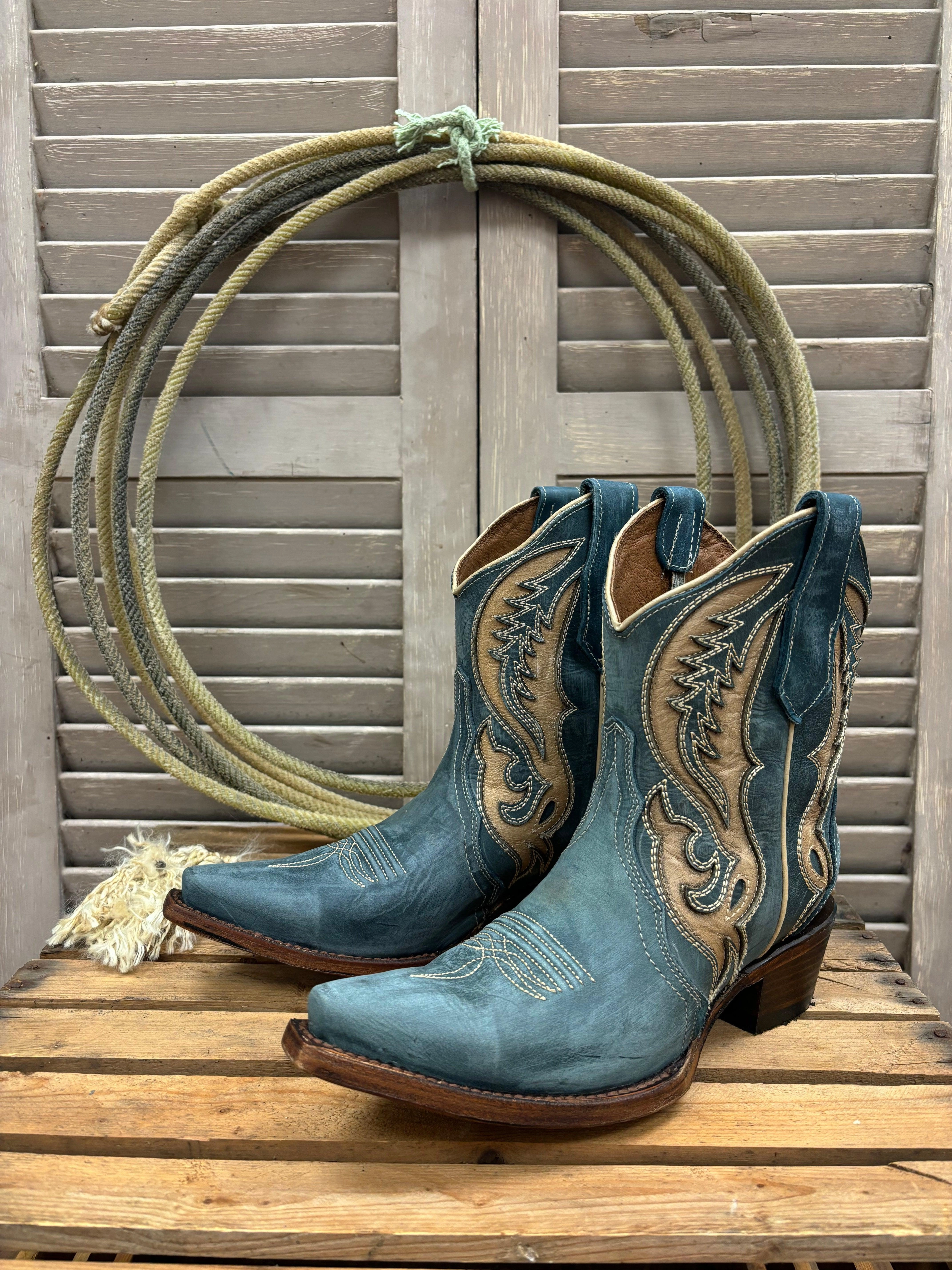 Functional Design Circle G Women's Distressed Blue & Tan Inlay Cowgirl Ankle Boots L6089
