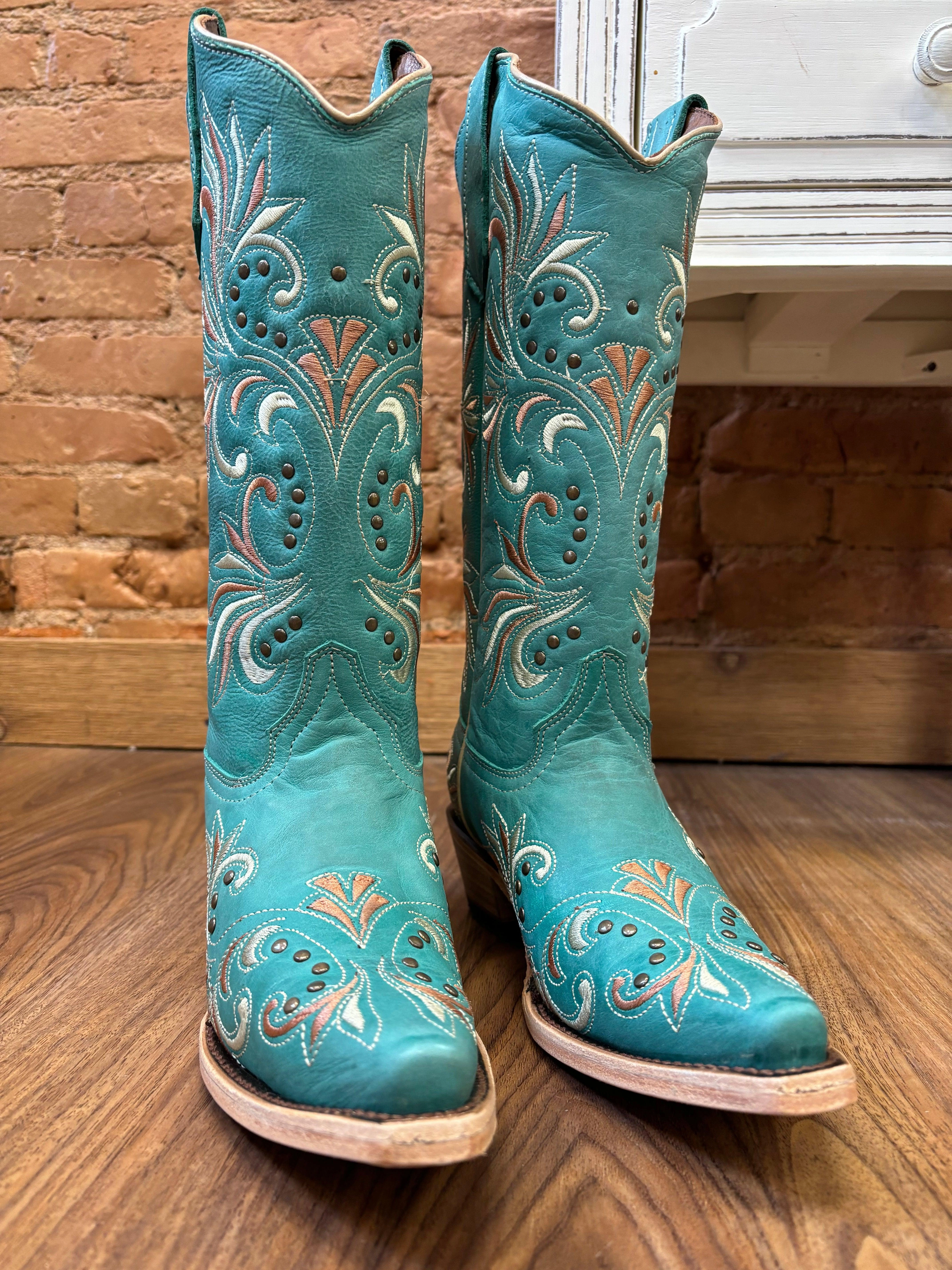 Circle G Women's Teal Embroidered & Studs Snip Toe Cowgirl Boots L5965 Good Traction