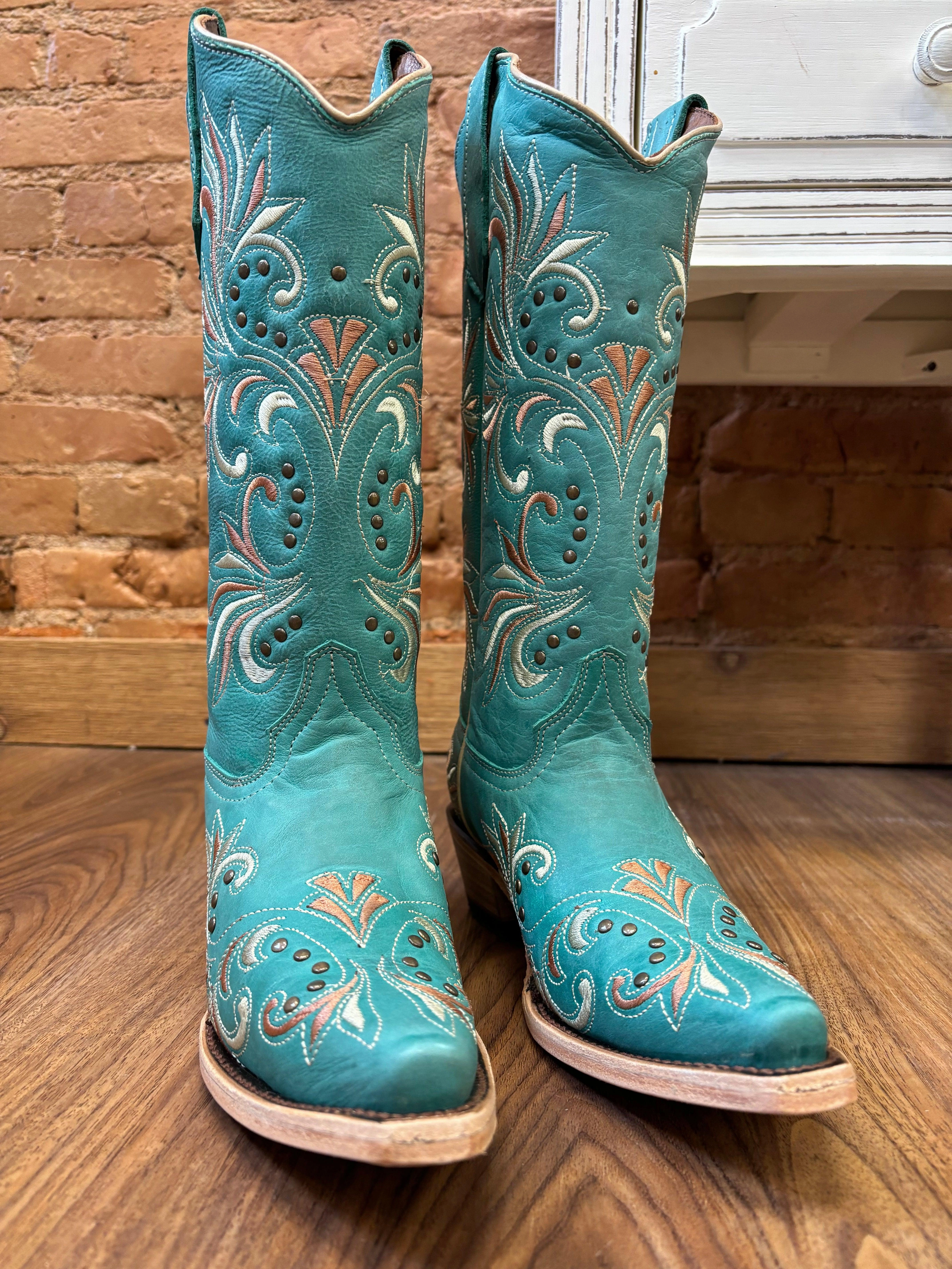 sweat-wicking Non Marking Circle G Women's Teal Embroidered & Studs Snip Toe Cowgirl Boots L5965