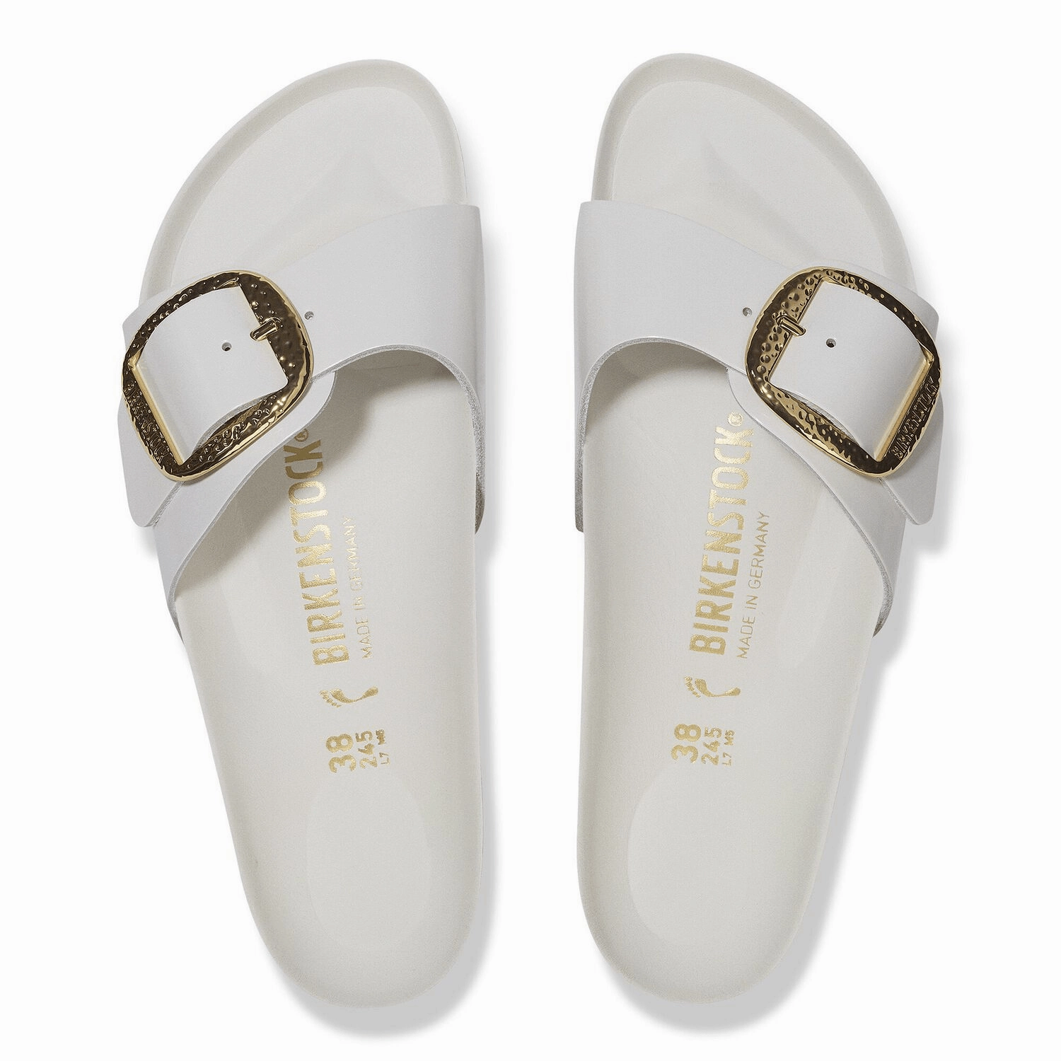 Madrid Hammered Big Buckle | High-Shine Patent Leather | Antique White Flexible Build Lifted Feel