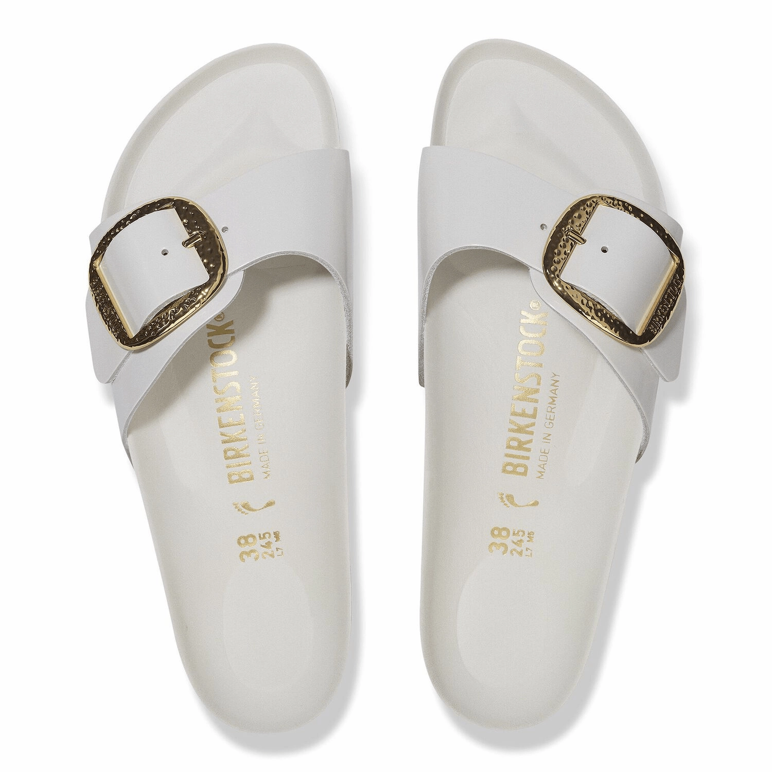 Madrid Hammered Big Buckle | High-Shine Patent Leather | Antique White Suede Soft